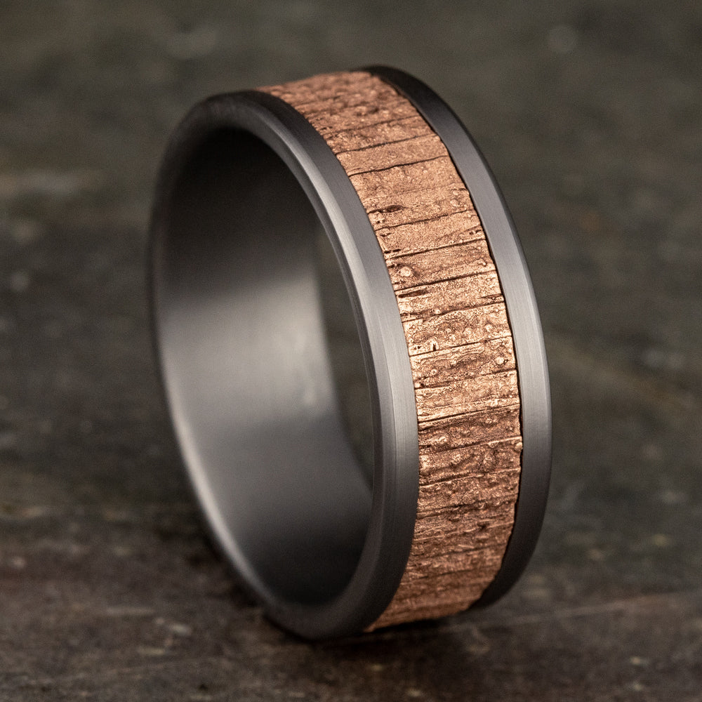 THE ALDER 8mm, Comfort fit, Grey Tantalum and 14K Rose Gold, Split wood patterned center, straight edges