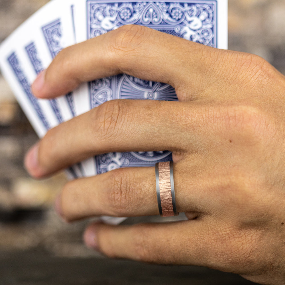 THE ALDER 8mm, Comfort fit, Grey Tantalum and 14K Rose Gold, Split wood patterned center, straight edges