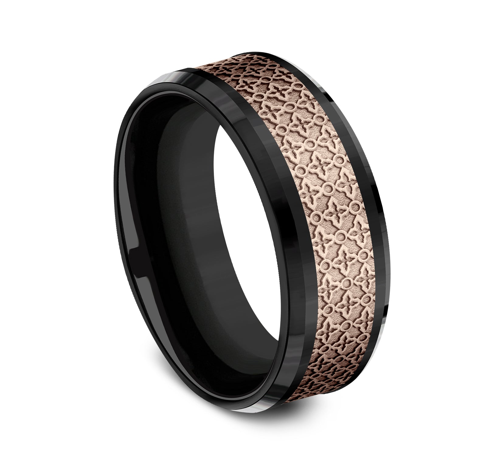 THE VIENNA 8mm, Comfort fit, Black Titanium and 14K Rose Gold, Ottoman floral pattern, polished bevel edges
