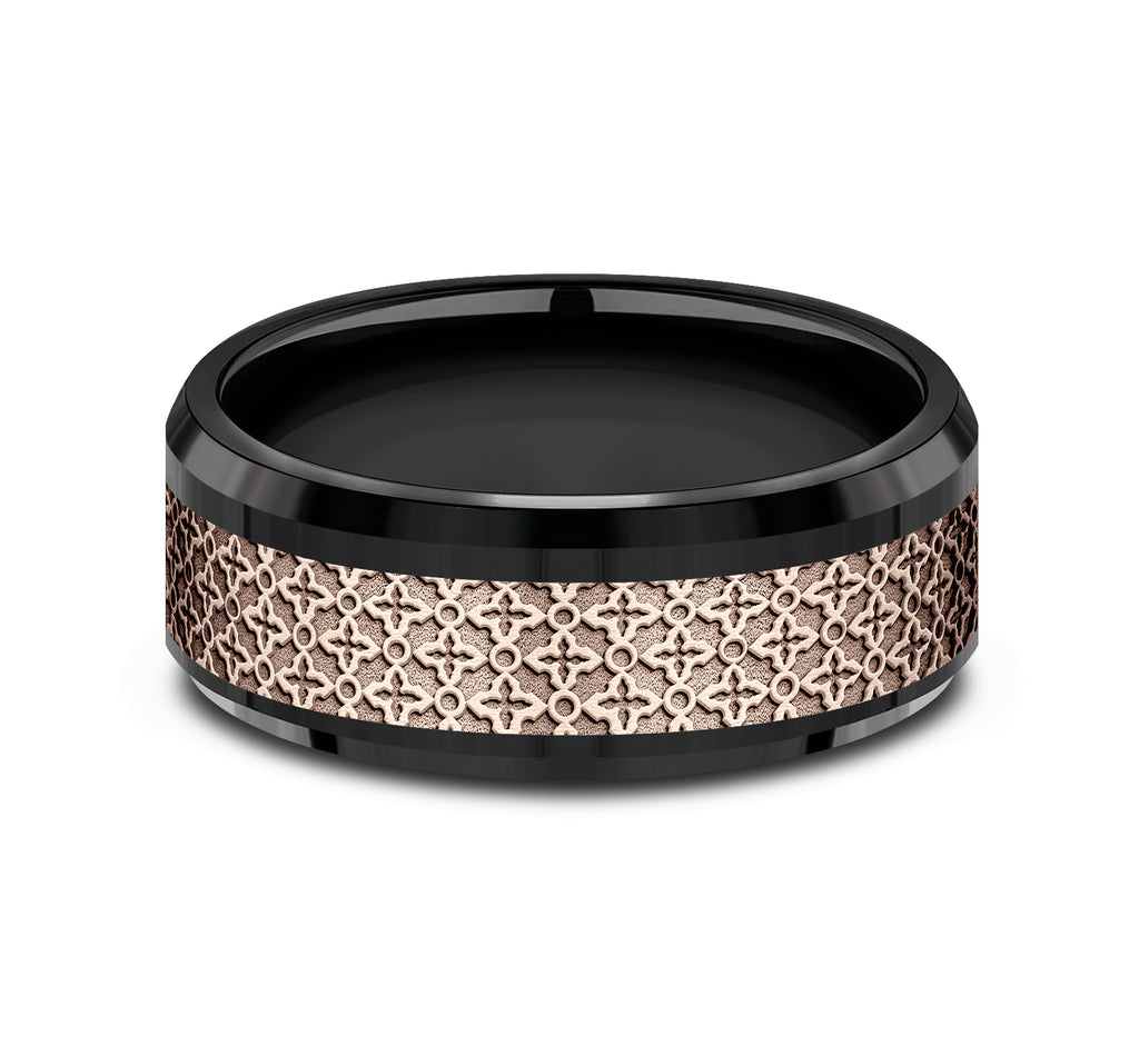 THE VIENNA 8mm, Comfort fit, Black Titanium and 14K Rose Gold, Ottoman floral pattern, polished bevel edges