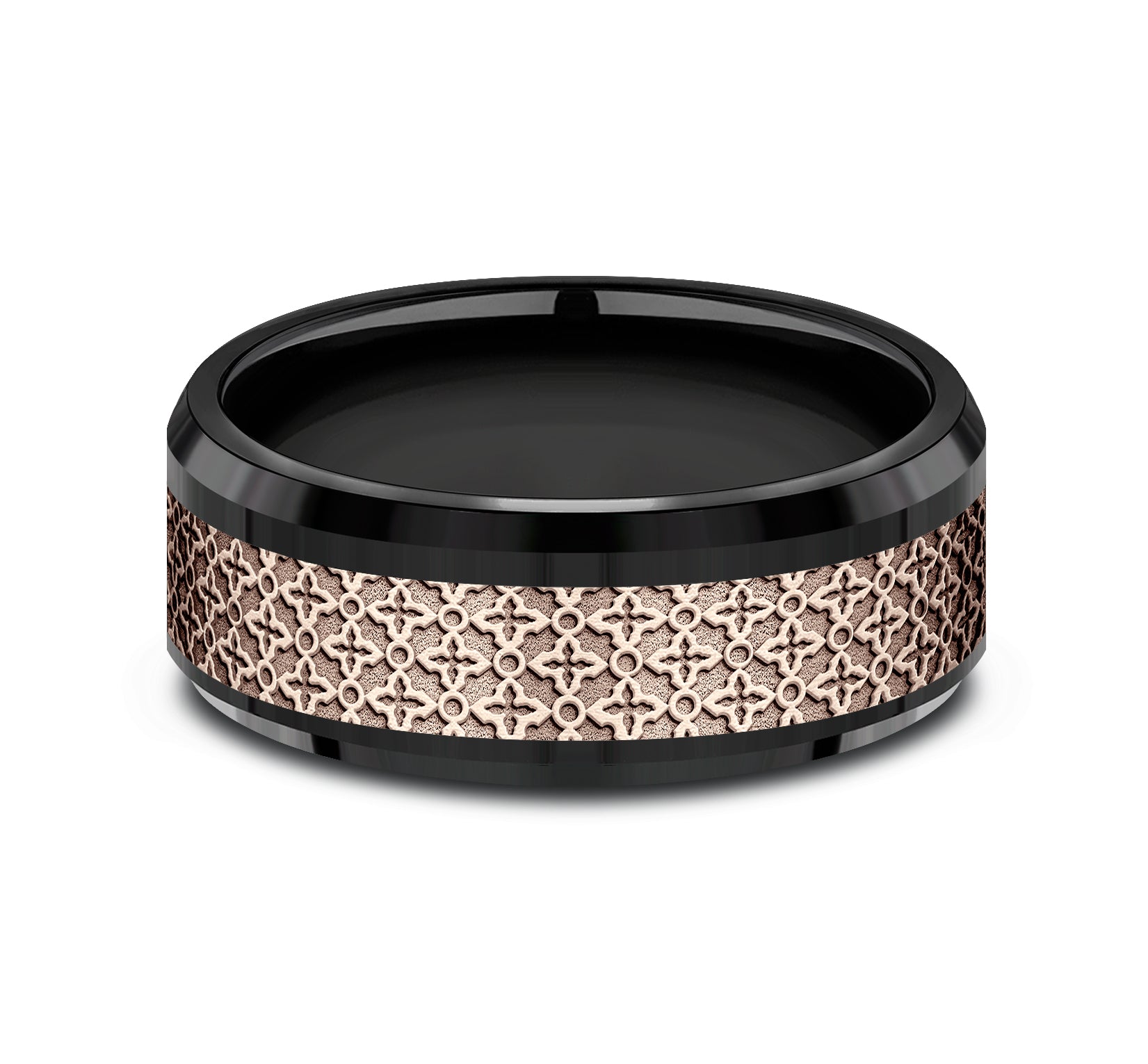 THE VIENNA 8mm, Comfort fit, Black Titanium and 14K Rose Gold, Ottoman floral pattern, polished bevel edges
