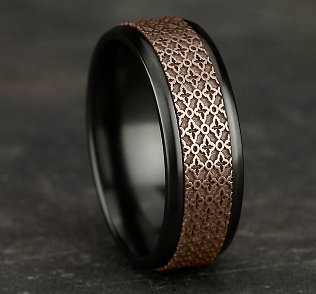 THE VIENNA 8mm, Comfort fit, Black Titanium and 14K Rose Gold, Ottoman floral pattern, polished bevel edges