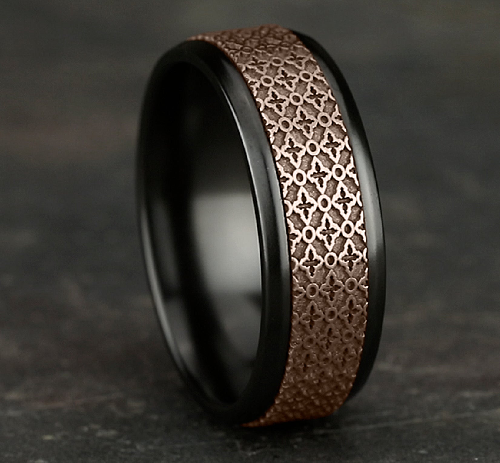 THE VIENNA 8mm, Comfort fit, Black Titanium and 14K Rose Gold, Ottoman floral pattern, polished bevel edges