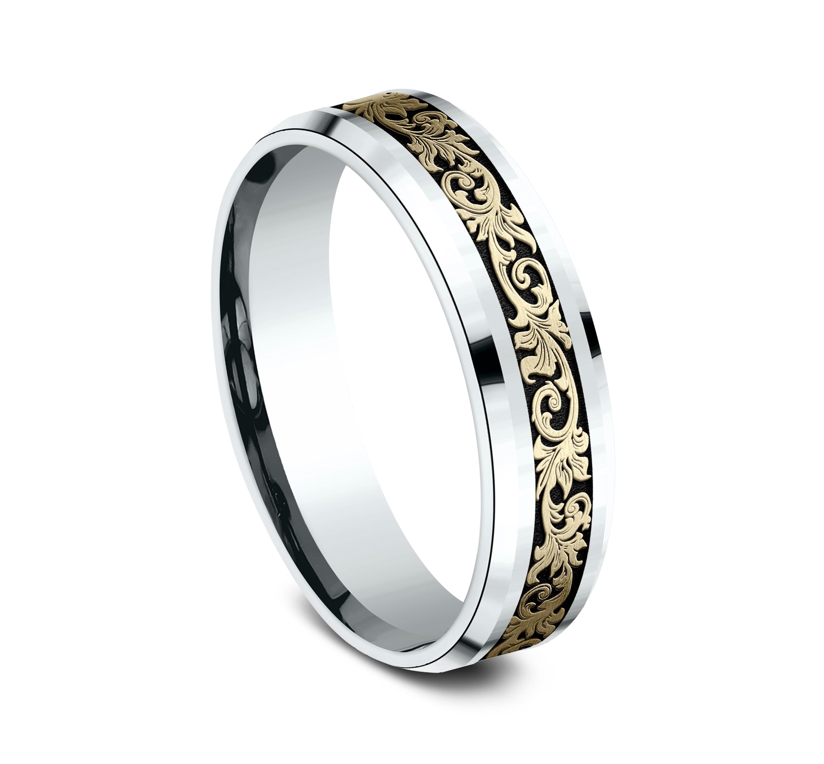THE COURTIER 6mm, Comfort fit, 14K White and Yellow Gold, Vintage script pattern with wear resistant black detailing, polished bevel edges