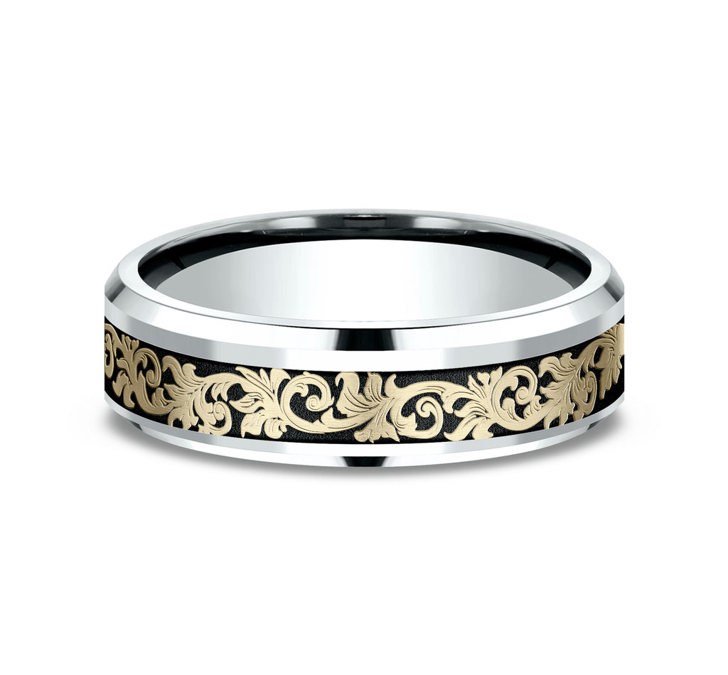 THE COURTIER 6mm, Comfort fit, 14K White and Yellow Gold, Vintage script pattern with wear resistant black detailing, polished bevel edges