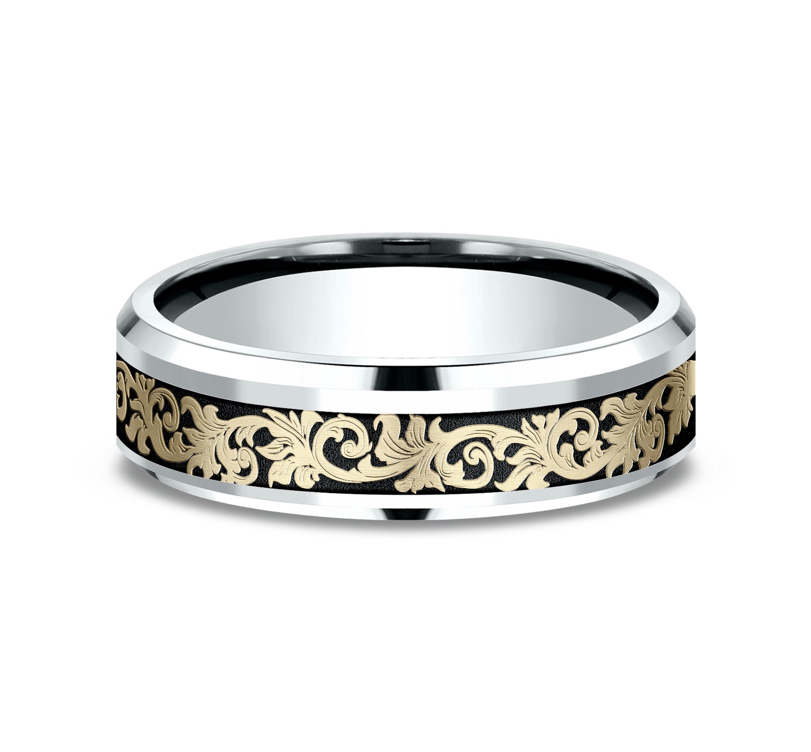 THE COURTIER 6mm, Comfort fit, 14K White and Yellow Gold, Vintage script pattern with wear resistant black detailing, polished bevel edges