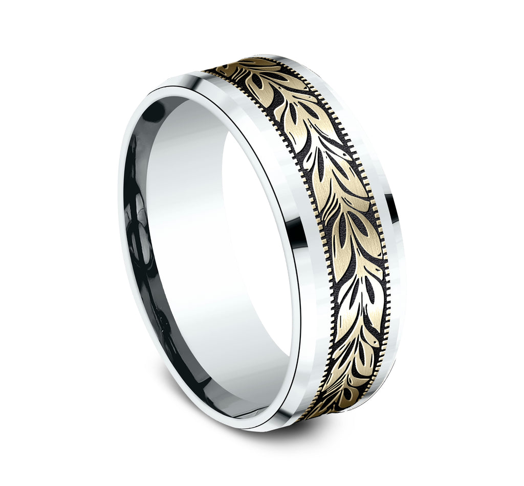 THE BALI 8mm, Comfort fit, 14K White and Yellow Gold, Leaf motif with wear resistant black detailing, polished bevel edges