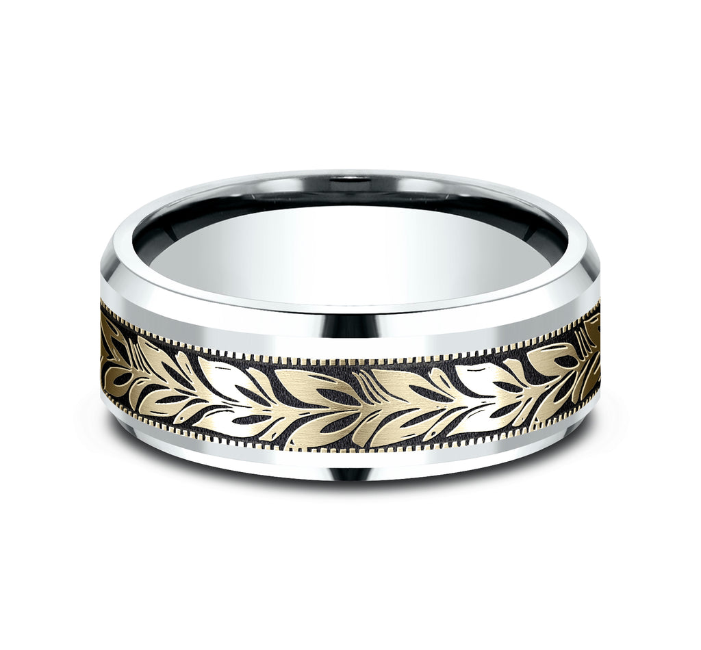THE BALI 8mm, Comfort fit, 14K White and Yellow Gold, Leaf motif with wear resistant black detailing, polished bevel edges