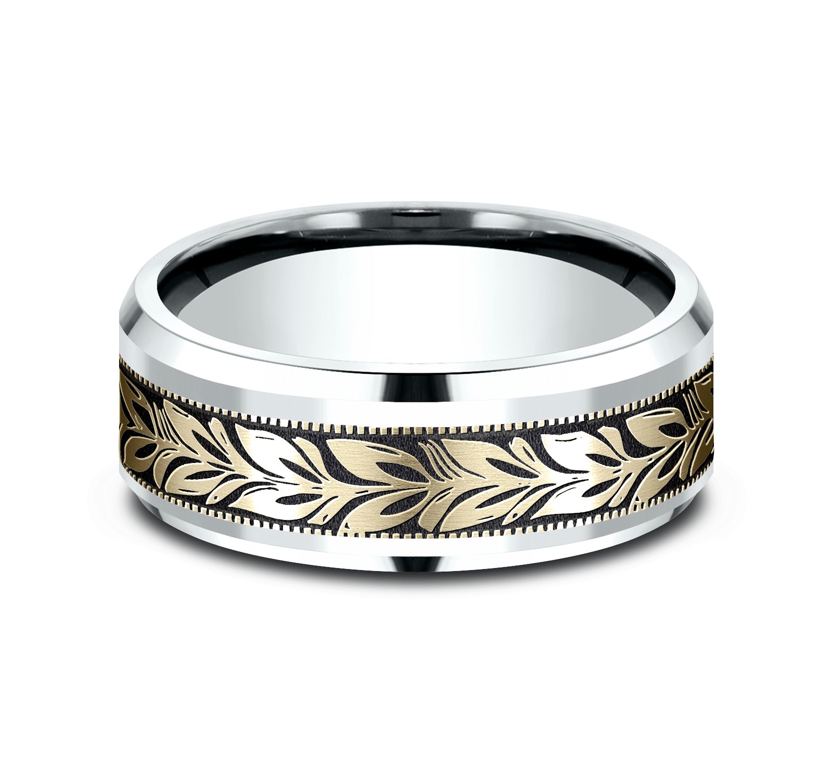THE BALI 8mm, Comfort fit, 14K White and Yellow Gold, Leaf motif with wear resistant black detailing, polished bevel edges