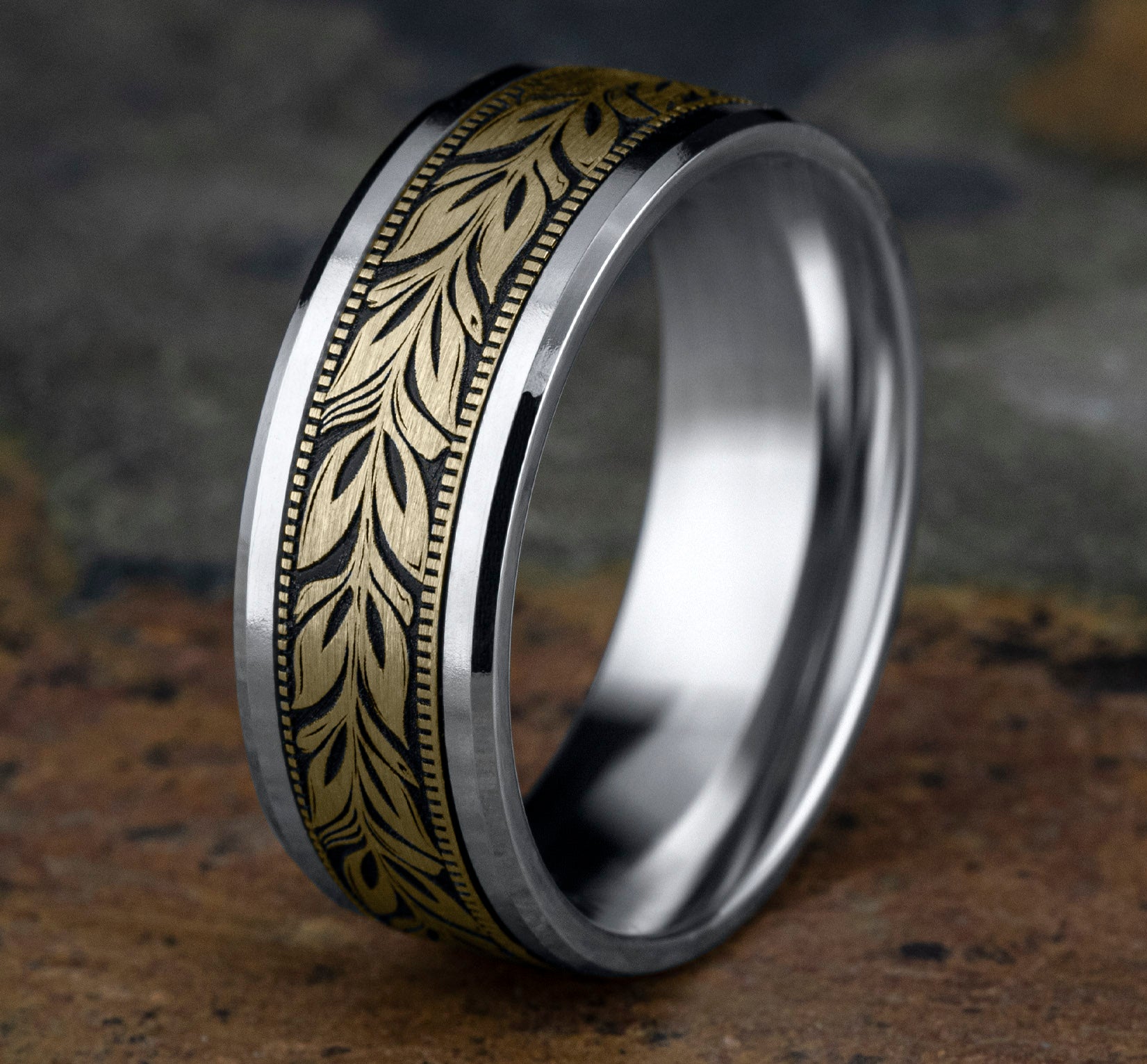 THE BALI 8mm, Comfort fit, 14K White and Yellow Gold, Leaf motif with wear resistant black detailing, polished bevel edges