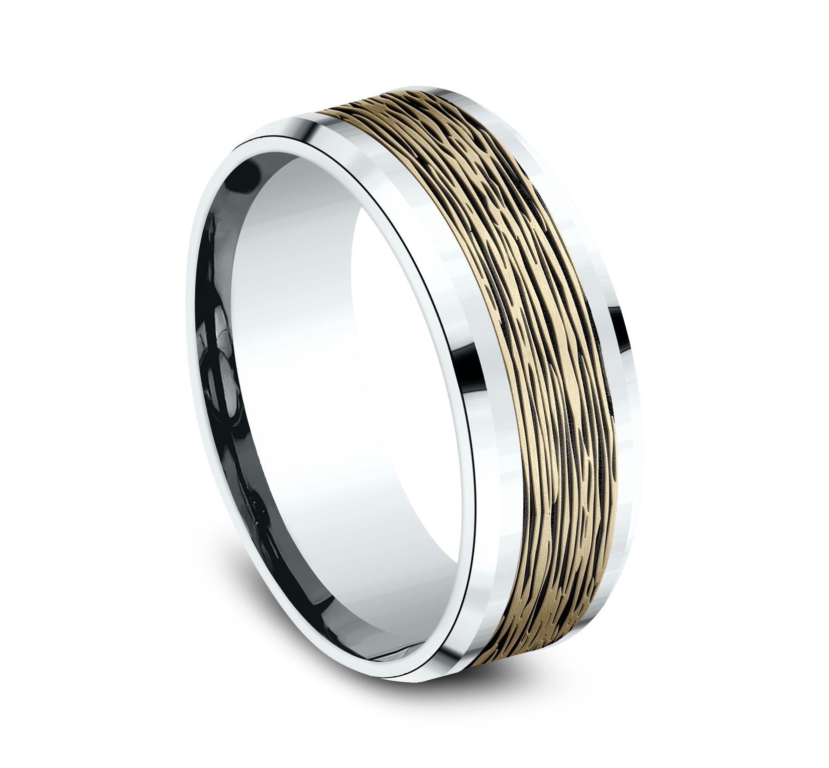 THE DOGWOOD 8mm, Comfort fit, 14K White and Yellow Gold, Horizontal bark pattern, polished bevel edges