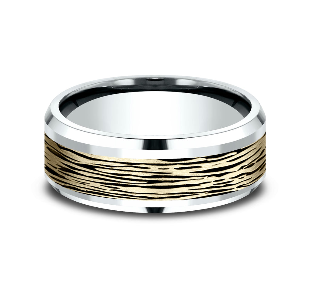 THE DOGWOOD 8mm, Comfort fit, 14K White and Yellow Gold, Horizontal bark pattern, polished bevel edges