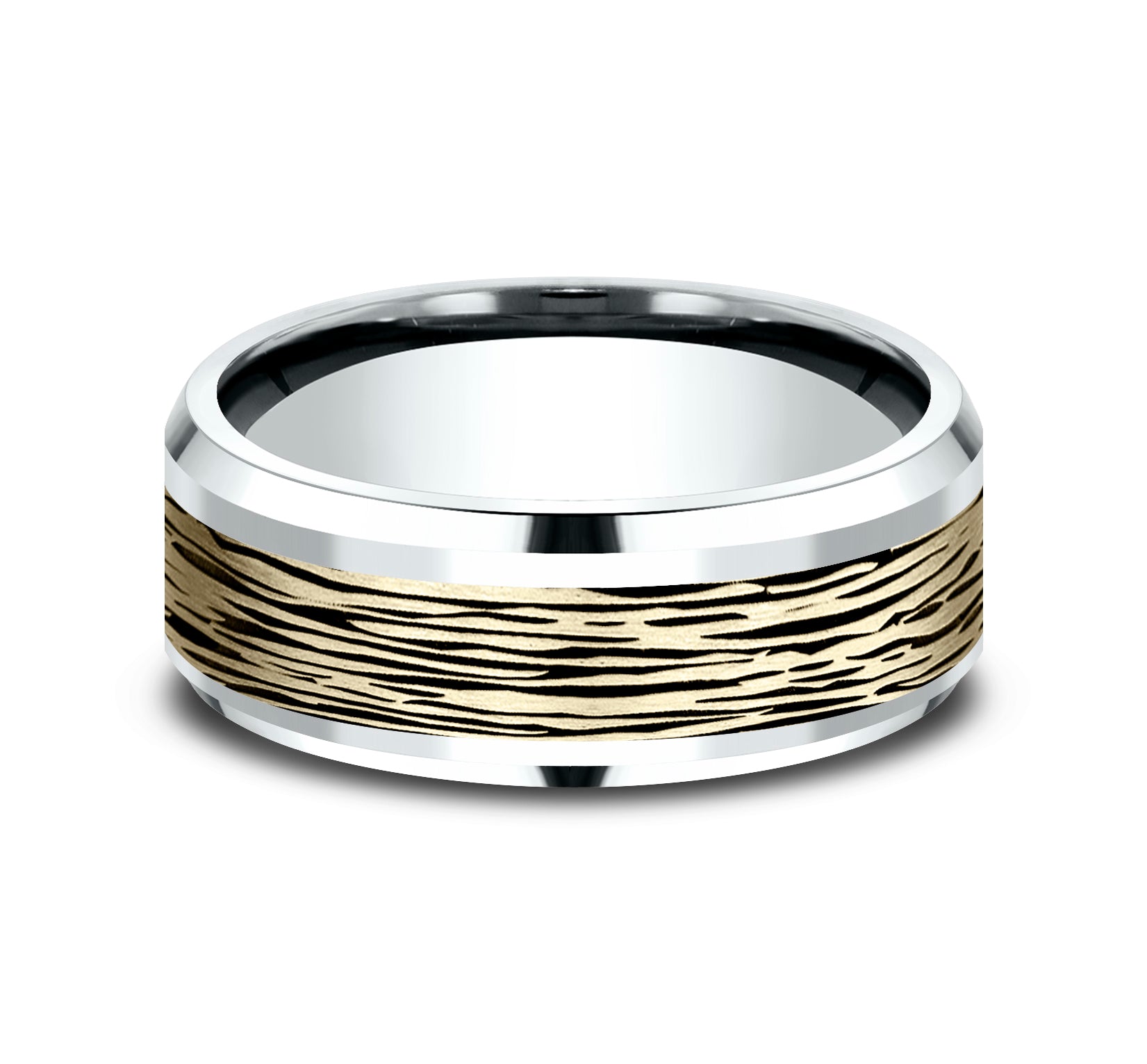 THE DOGWOOD 8mm, Comfort fit, 14K White and Yellow Gold, Horizontal bark pattern, polished bevel edges