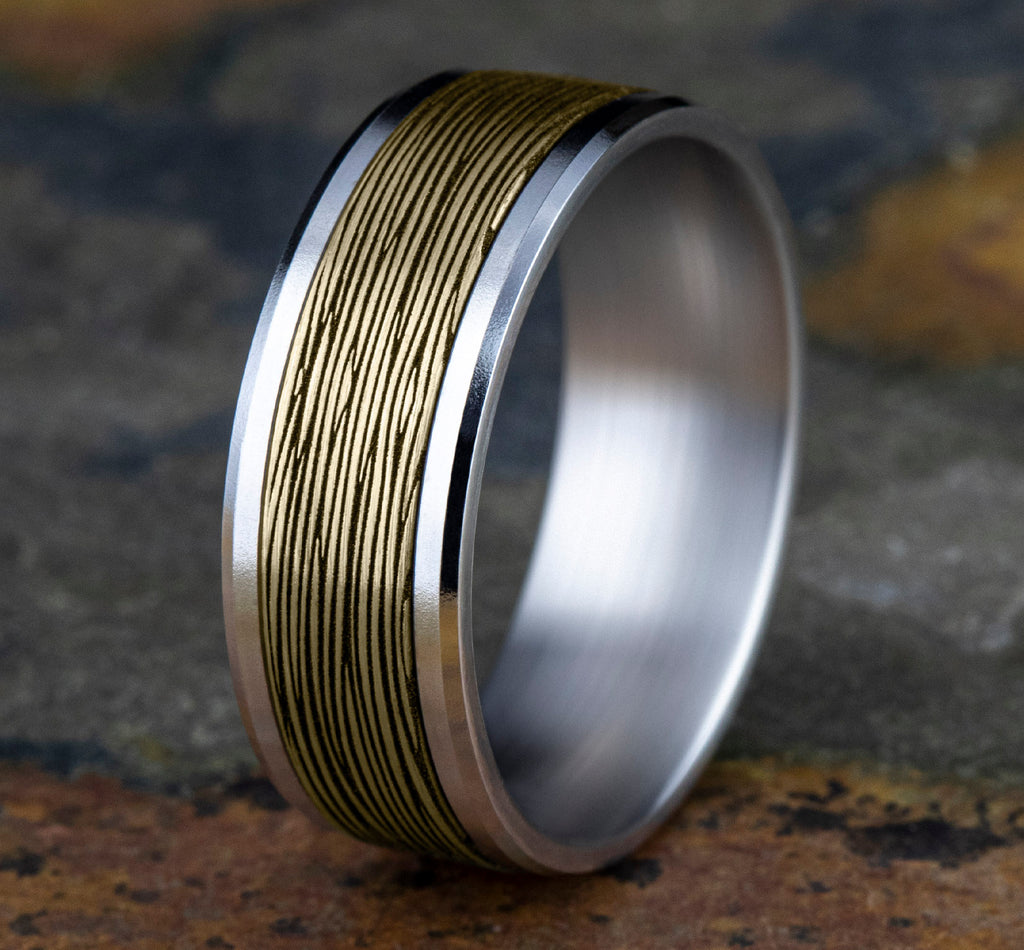 THE DOGWOOD 8mm, Comfort fit, 14K White and Yellow Gold, Horizontal bark pattern, polished bevel edges