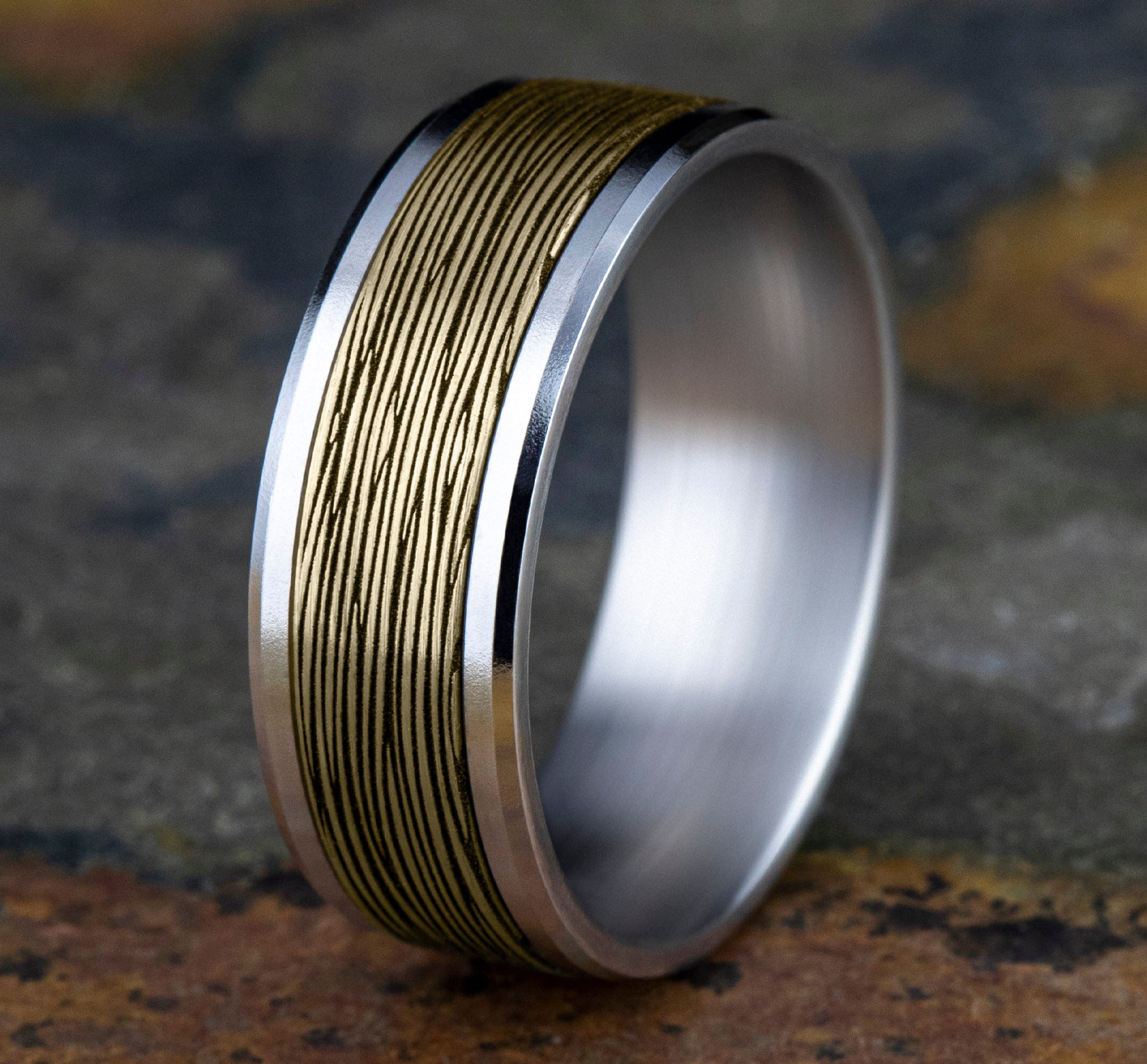 THE DOGWOOD 8mm, Comfort fit, 14K White and Yellow Gold, Horizontal bark pattern, polished bevel edges