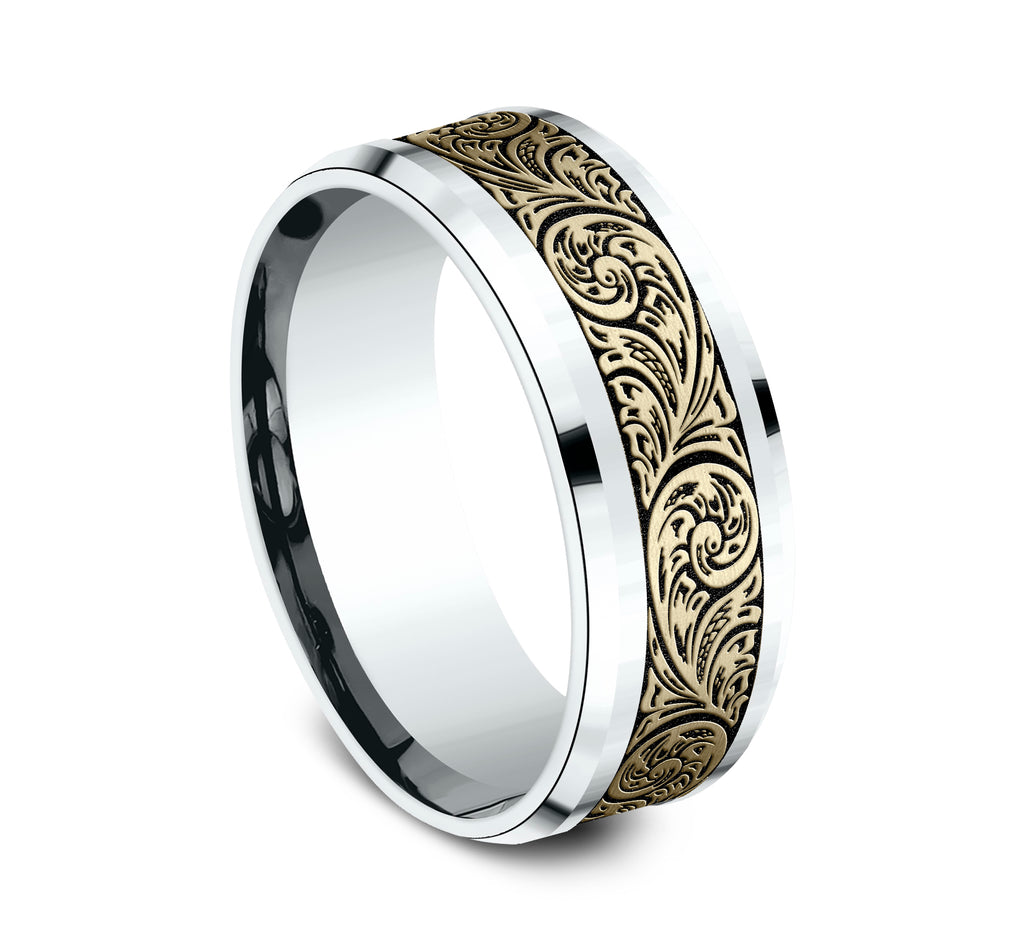 THE CONTESSA 8mm, Comfort fit, 14K White and Yellow Gold, Vintage floral script patterned center with wear resistant black detailing, polished bevel edges