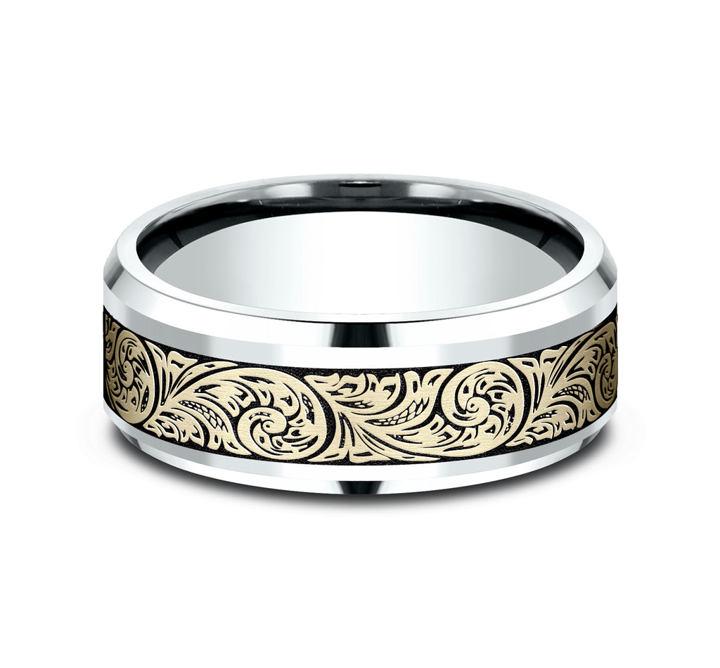 THE CONTESSA 8mm, Comfort fit, 14K White and Yellow Gold, Vintage floral script patterned center with wear resistant black detailing, polished bevel edges