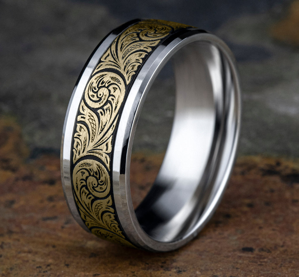 THE CONTESSA 8mm, Comfort fit, 14K White and Yellow Gold, Vintage floral script patterned center with wear resistant black detailing, polished bevel edges