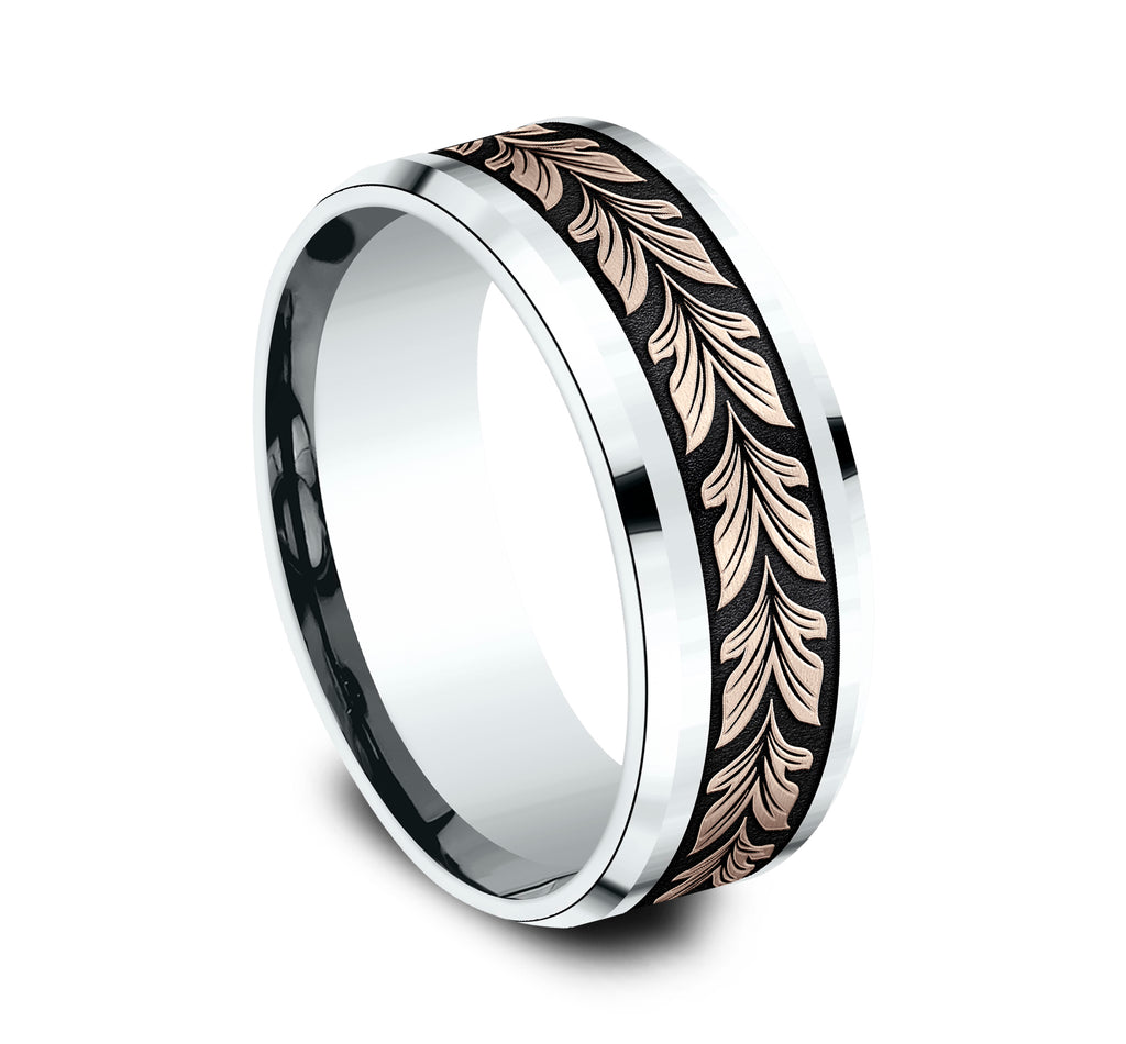 THE PALAU 8mm, Comfort fit, 14K White and Rose Gold, Leaf motif with wear resistant black detailing, polished drop bevel edges