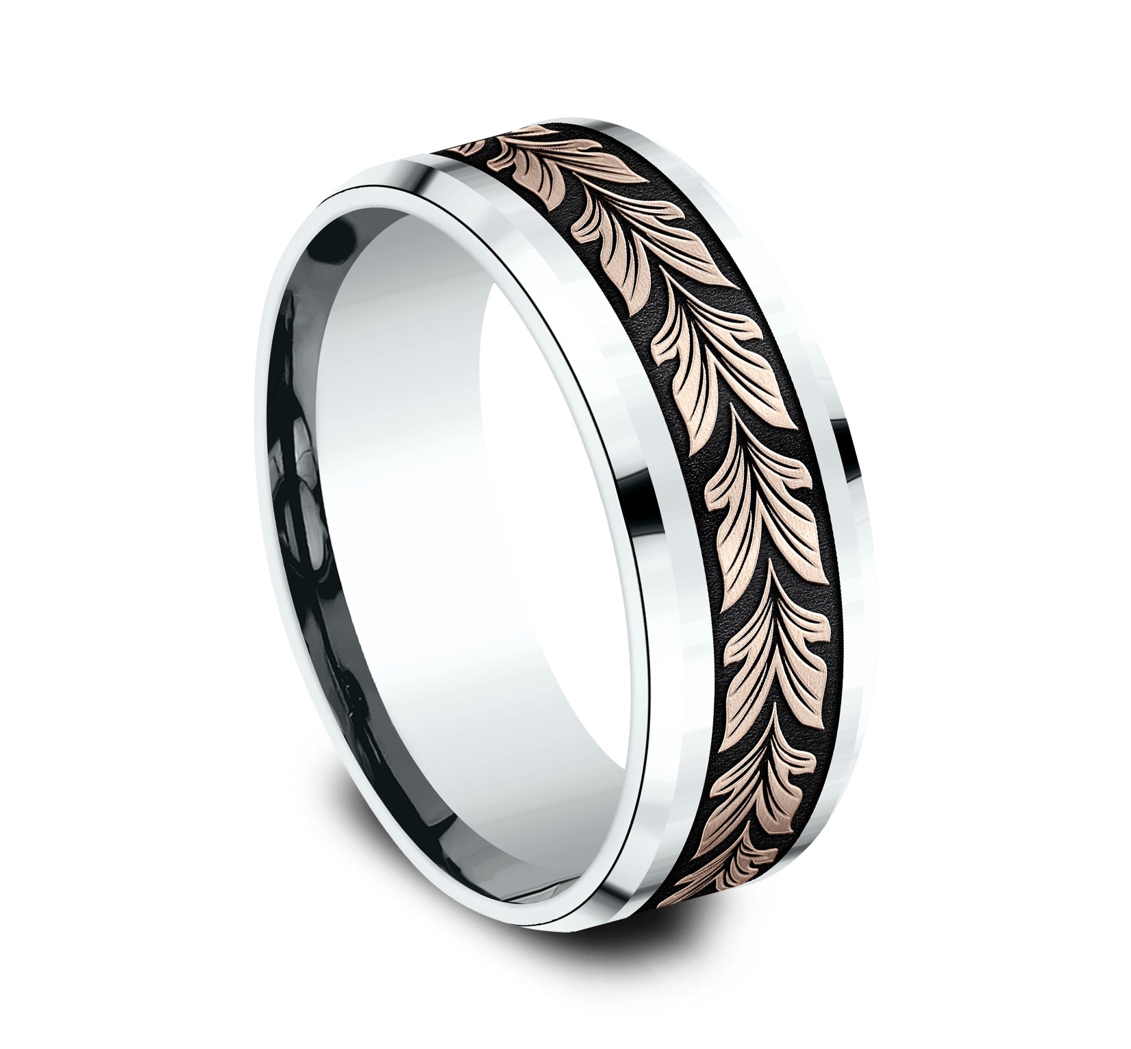 THE PALAU 8mm, Comfort fit, 14K White and Rose Gold, Leaf motif with wear resistant black detailing, polished drop bevel edges