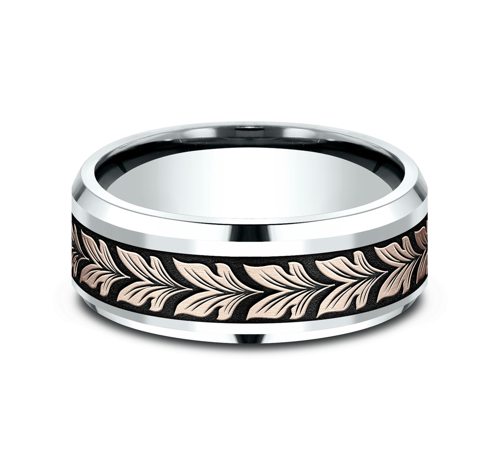 THE PALAU 8mm, Comfort fit, 14K White and Rose Gold, Leaf motif with wear resistant black detailing, polished drop bevel edges