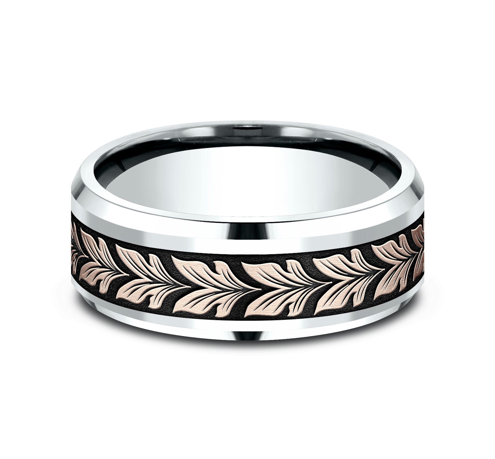 THE PALAU 8mm, Comfort fit, 14K White and Rose Gold, Leaf motif with wear resistant black detailing, polished drop bevel edges
