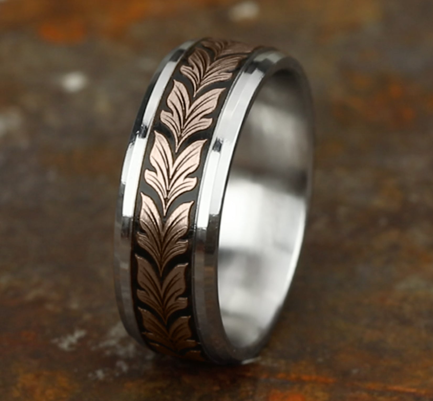 THE PALAU 8mm, Comfort fit, 14K White and Rose Gold, Leaf motif with wear resistant black detailing, polished drop bevel edges