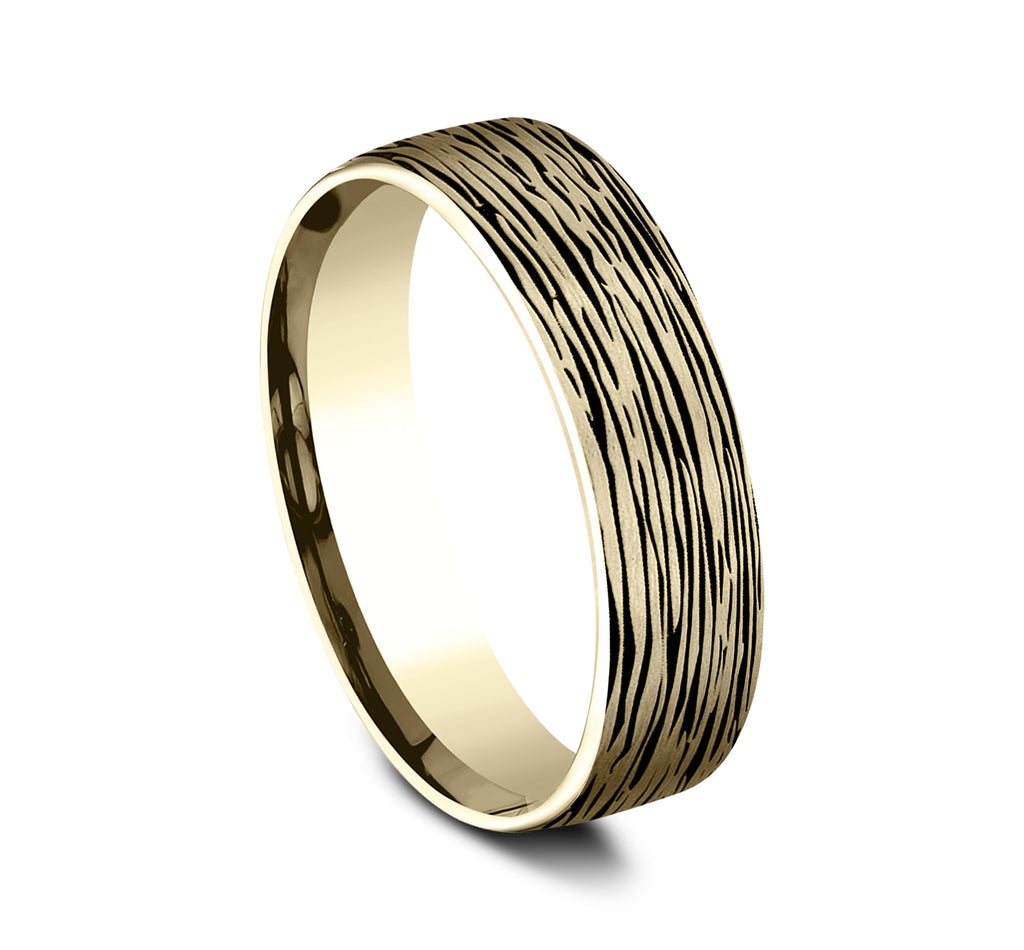 THE ROWAN 6.5mm, Comfort fit, 14K Yellow Gold, Horizontal bark pattern