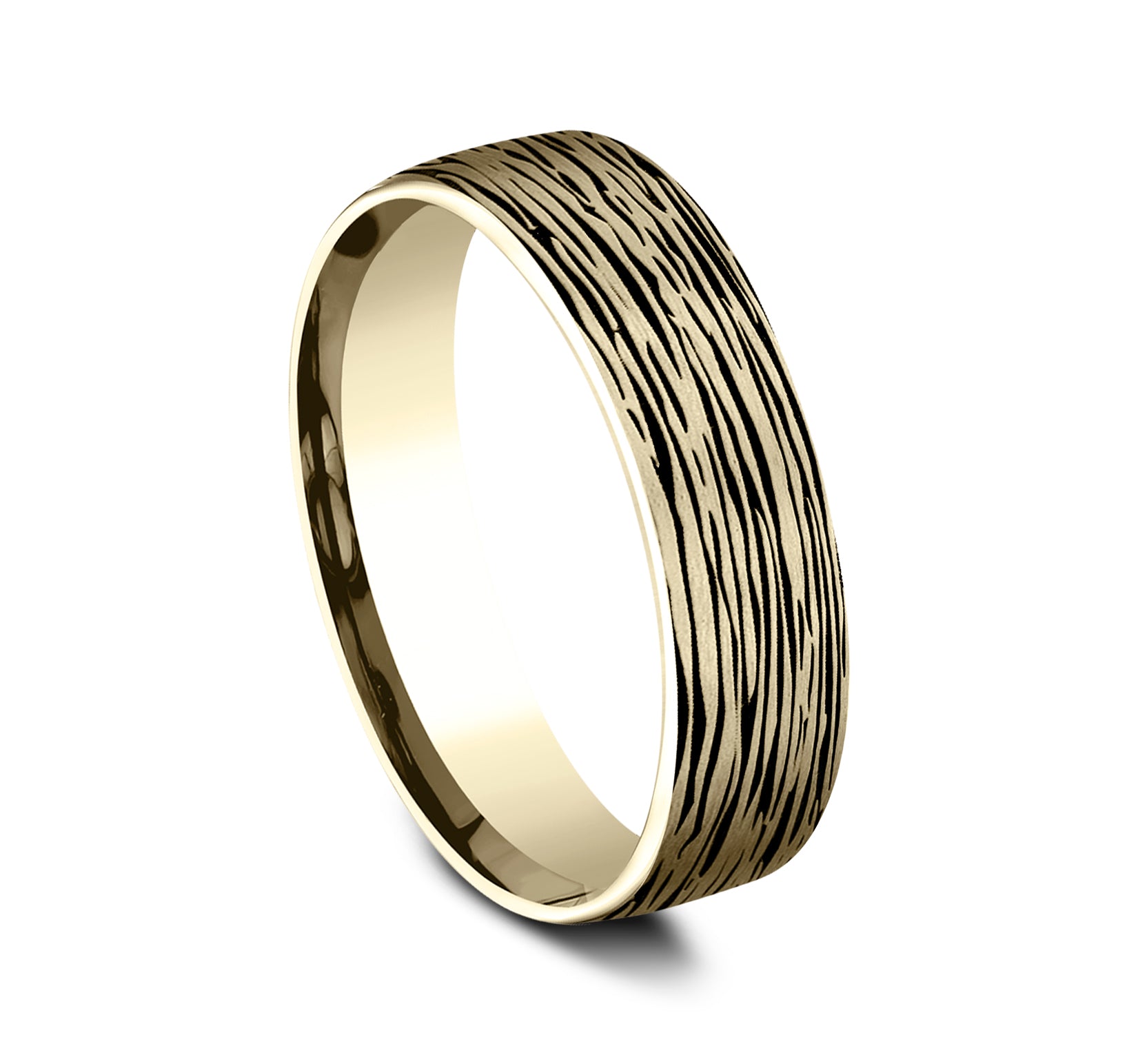 THE ROWAN 6.5mm, Comfort fit, 14K Yellow Gold, Horizontal bark pattern