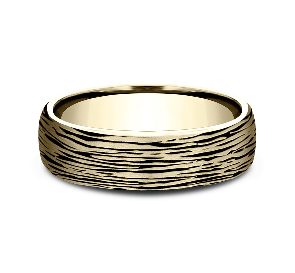 THE ROWAN 6.5mm, Comfort fit, 14K Yellow Gold, Horizontal bark pattern