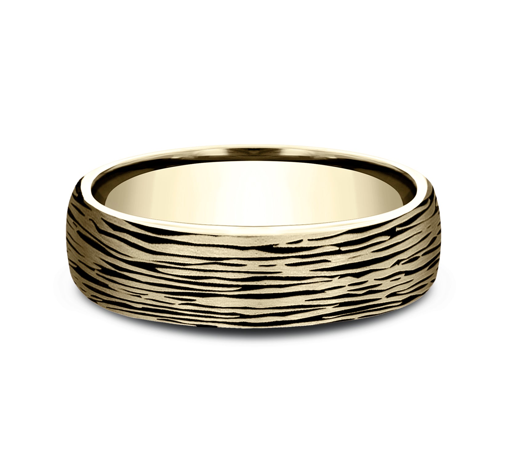 THE ROWAN 6.5mm, Comfort fit, 14K Yellow Gold, Horizontal bark pattern