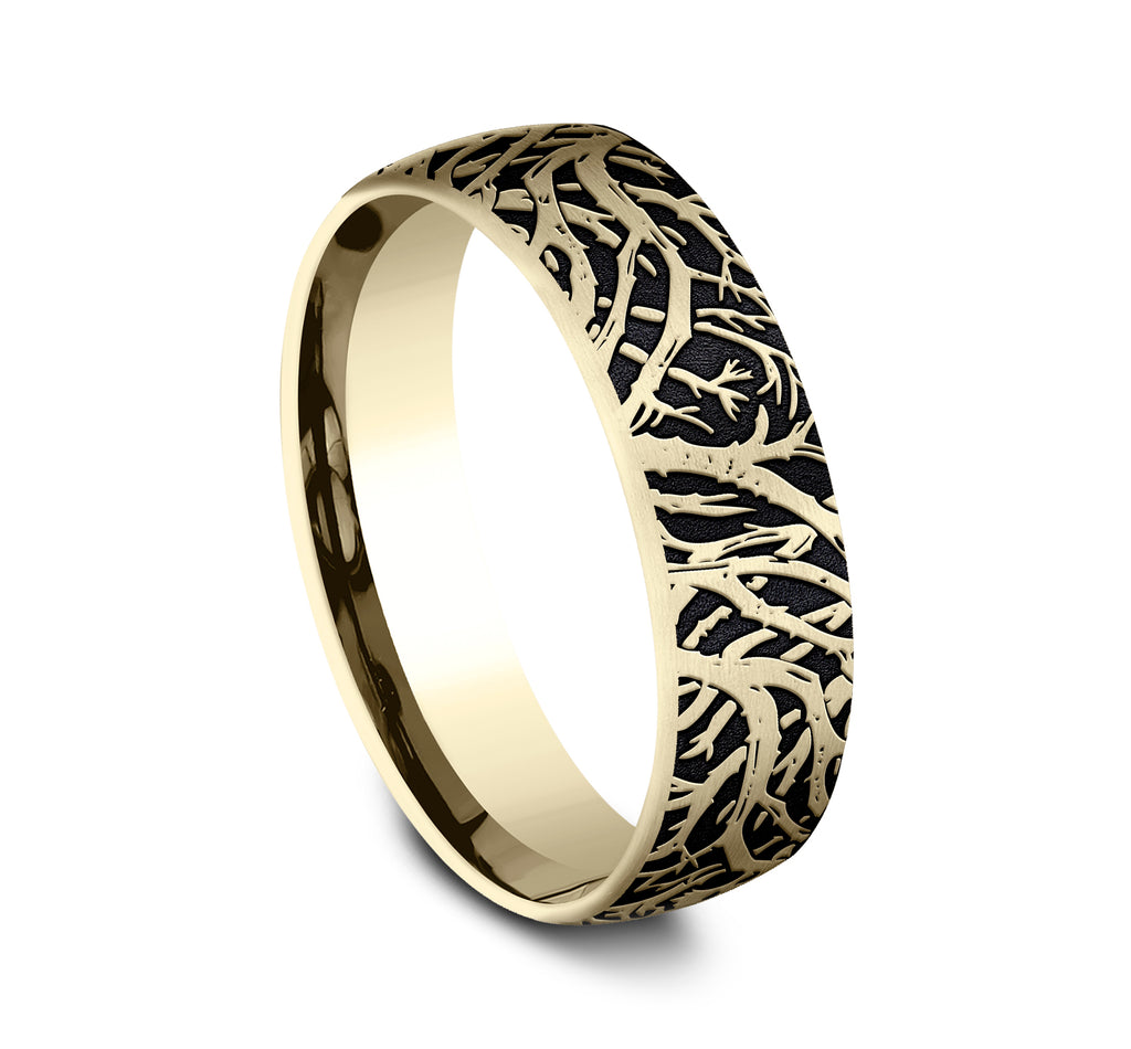 THE ARTEMIS 6.5mm, Comfort fit, 14K Yellow Gold, Forest branch pattern