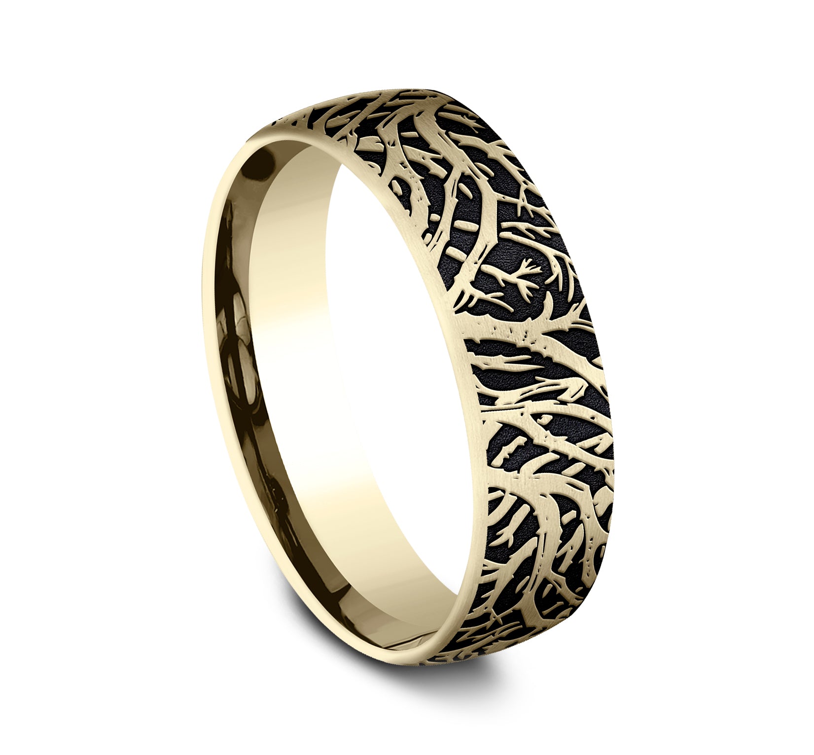 THE ARTEMIS 6.5mm, Comfort fit, 14K Yellow Gold, Forest branch pattern
