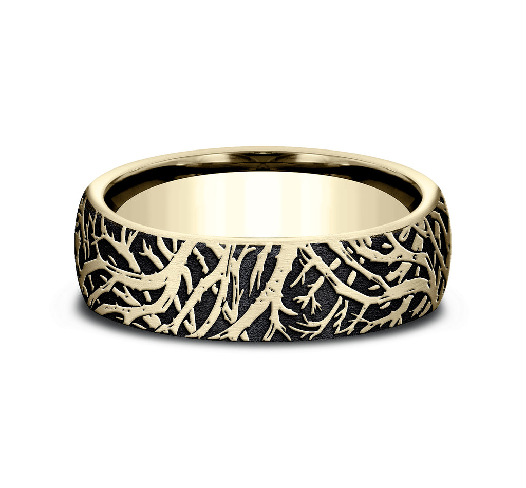 THE ARTEMIS 6.5mm, Comfort fit, 14K Yellow Gold, Forest branch pattern