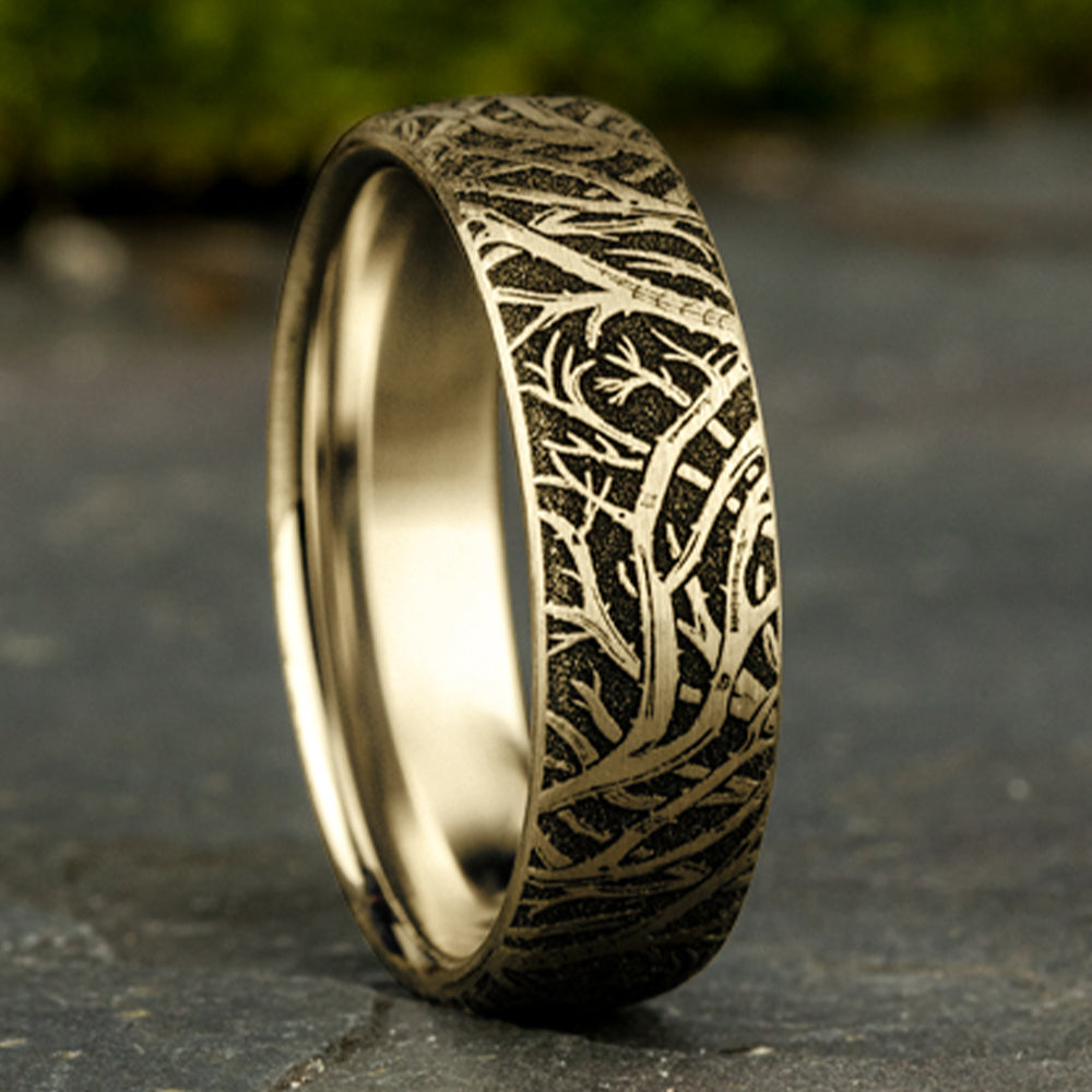 THE ARTEMIS 6.5mm, Comfort fit, 14K Yellow Gold, Forest branch pattern