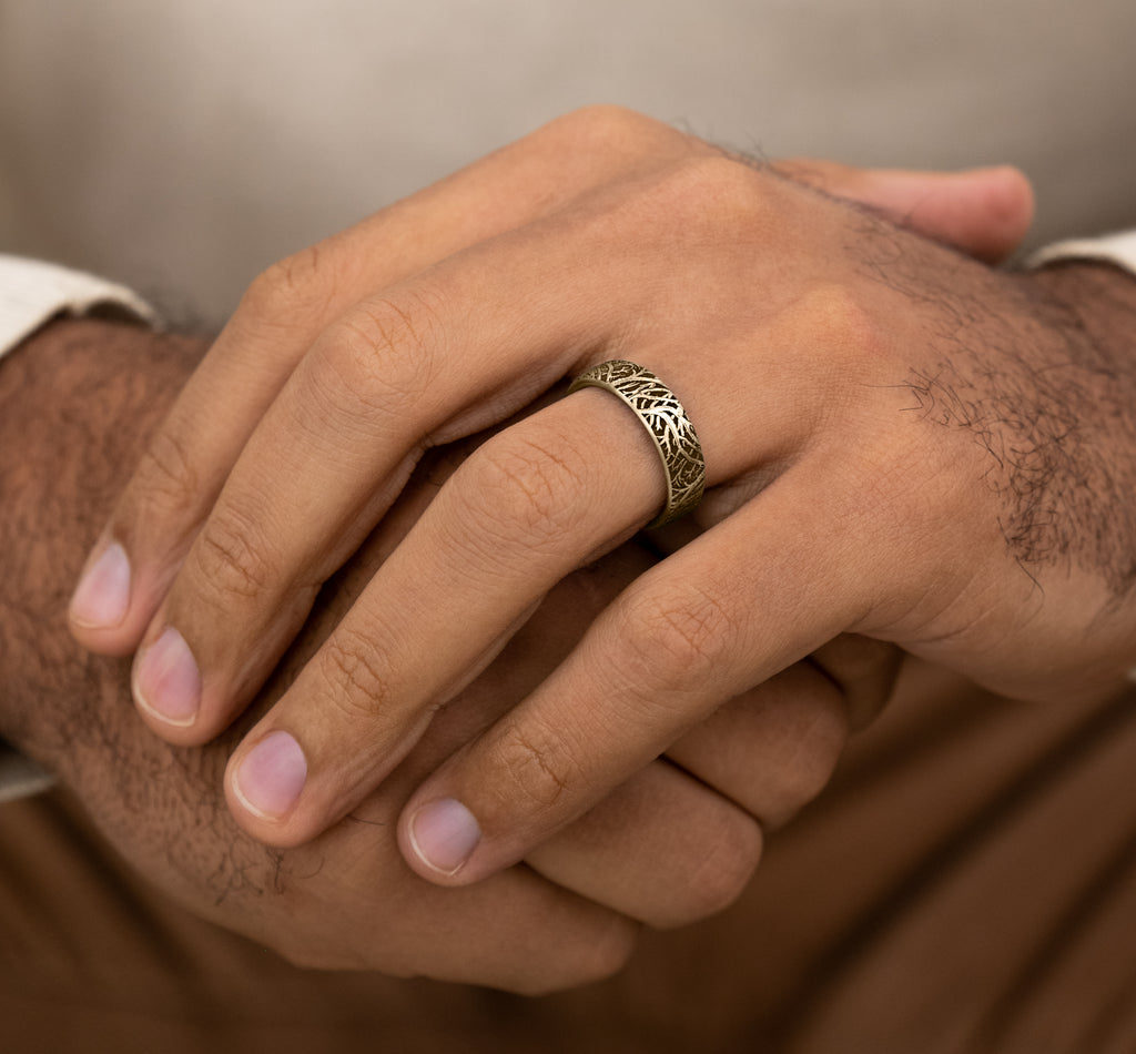 THE ARTEMIS 6.5mm, Comfort fit, 14K Yellow Gold, Forest branch pattern