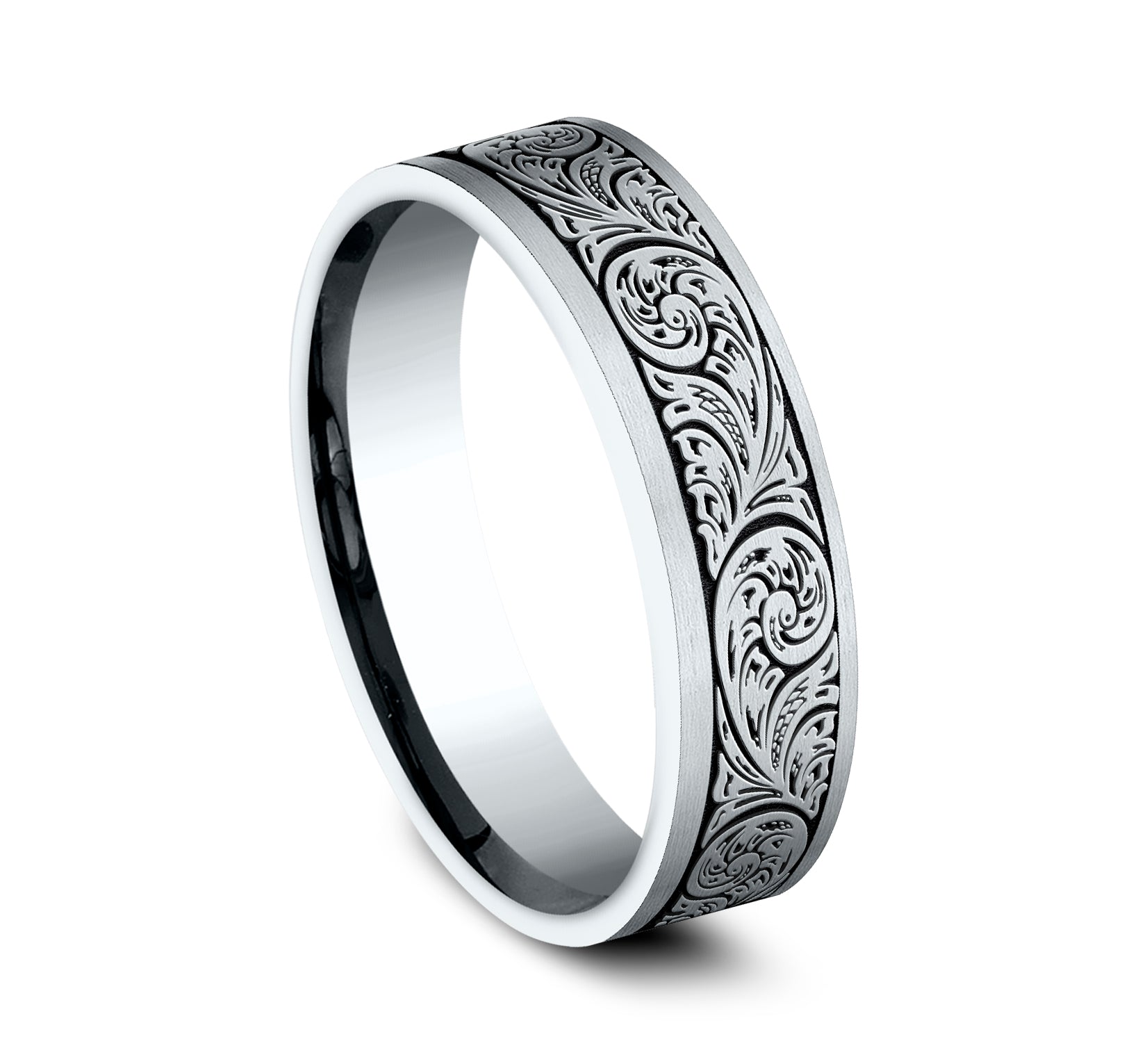THE INQUISITOR 6mm, Comfort fit, 14K White Gold, Vintage floral script patterned center with wear resistant black detailing
