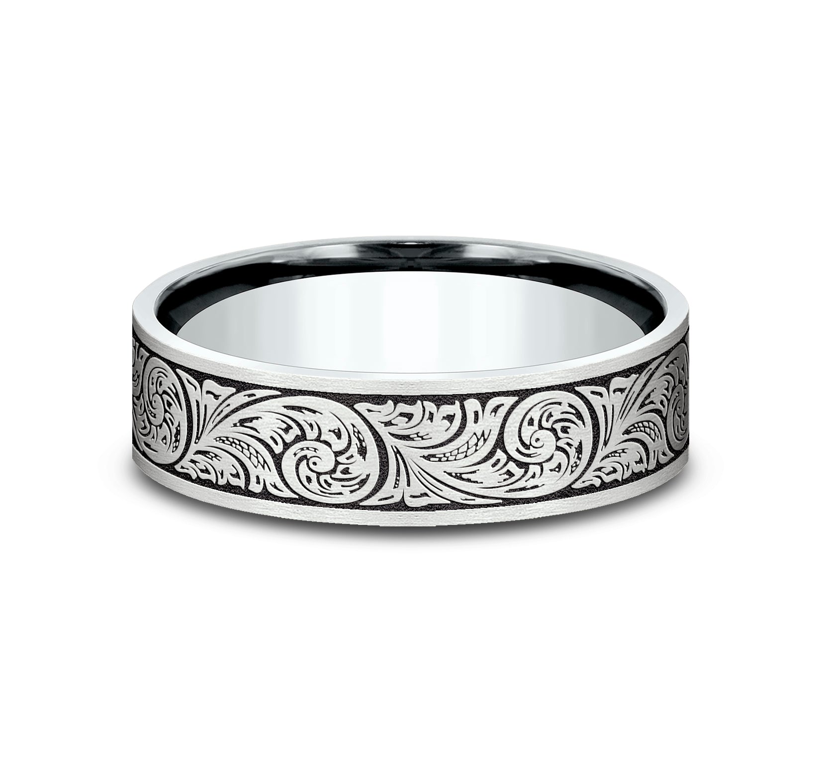 THE INQUISITOR 6mm, Comfort fit, 14K White Gold, Vintage floral script patterned center with wear resistant black detailing