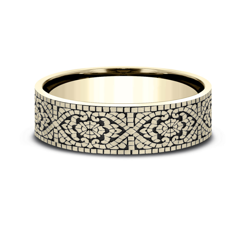 THE BURANO 7mm, Comfort fit, 14K Yellow Gold, Mosaic pattern
