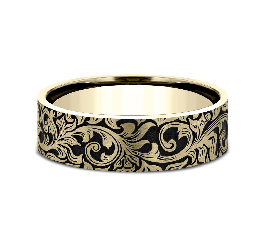 THE OVERLORD 8mm, Comfort fit, 14K Yellow Gold, Vintage script  pattern