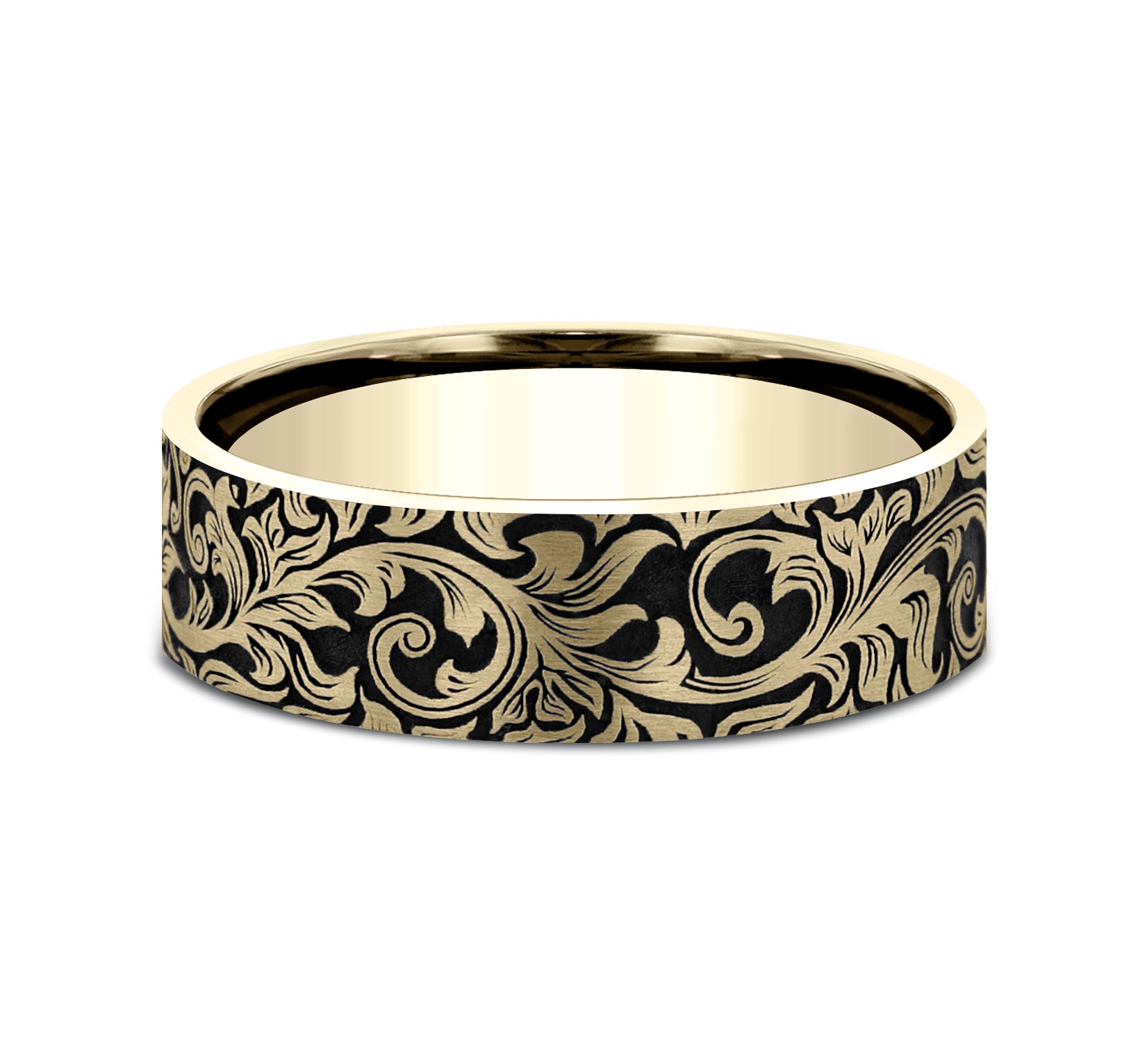 THE OVERLORD 8mm, Comfort fit, 14K Yellow Gold, Vintage script  pattern