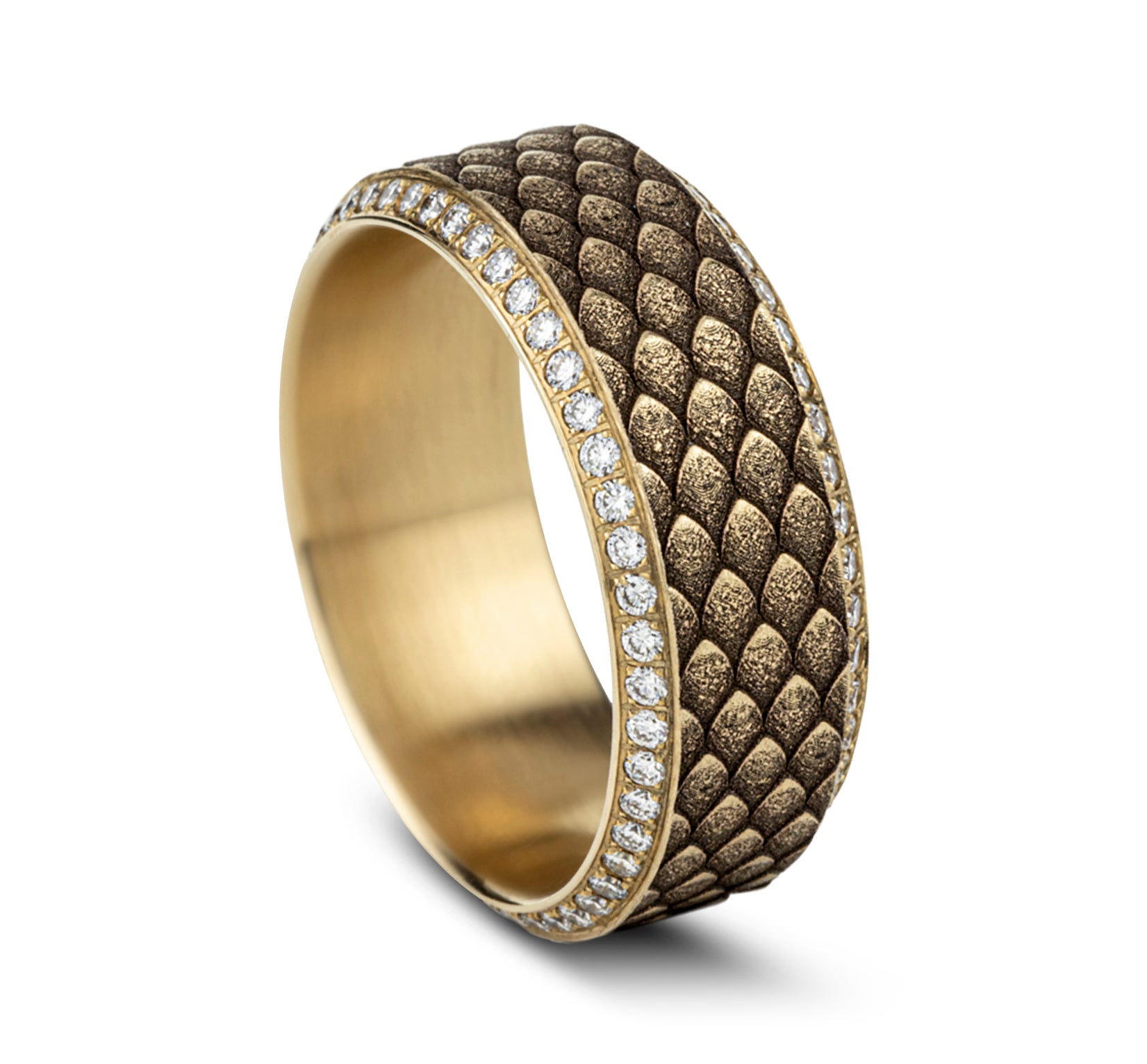 THE VISERION 9mm, Comfort fit, 14K Yellow Gold, Dragon scale patterned center with double eternity diamond edges, 100 pave set diamonds, Carat weight is 1.00ct, Clarity SI1-2, Color GH