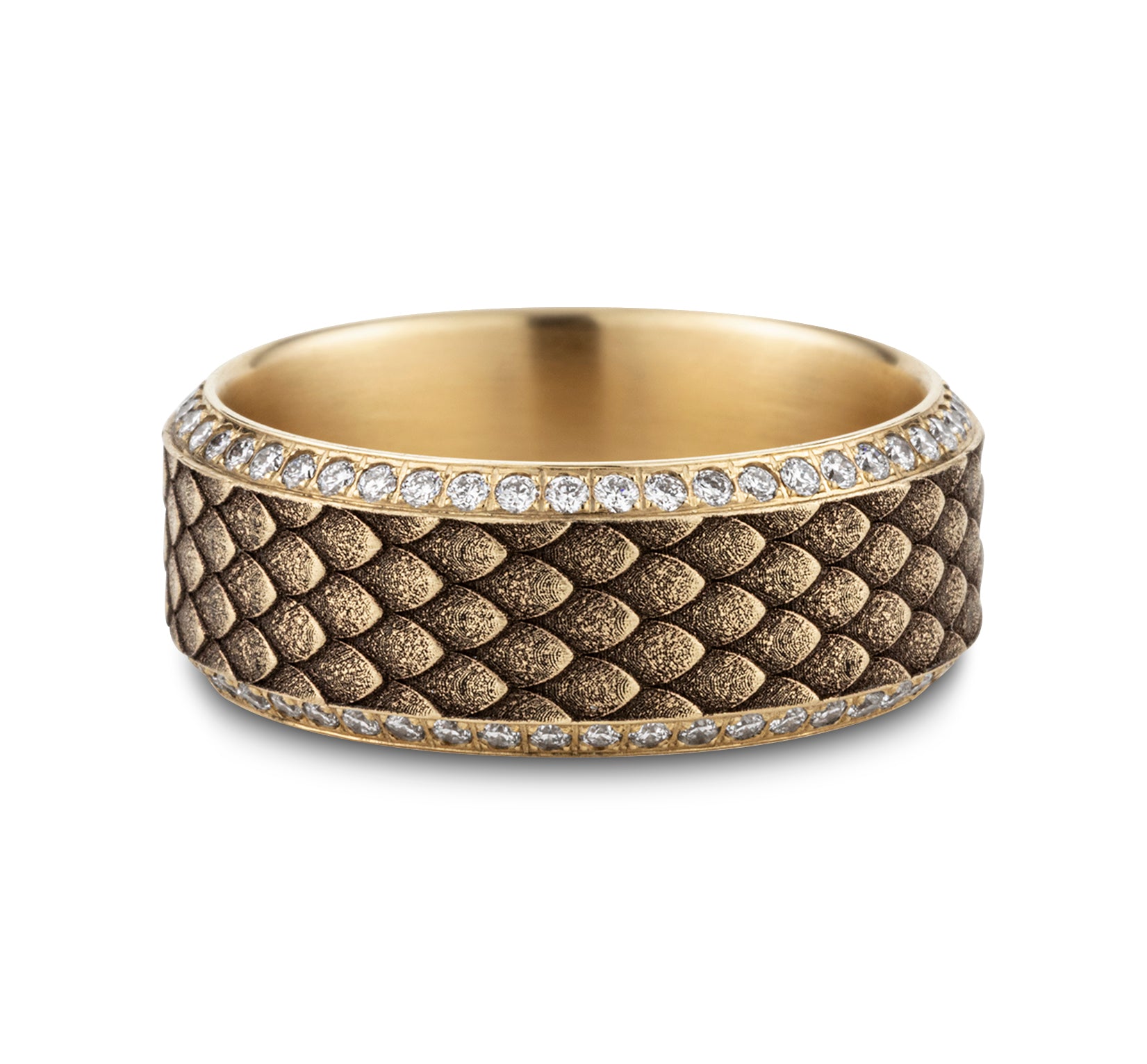 THE VISERION 9mm, Comfort fit, 14K Yellow Gold, Dragon scale patterned center with double eternity diamond edges, 100 pave set diamonds, Carat weight is 1.00ct, Clarity SI1-2, Color GH