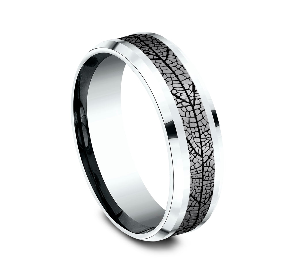 THE BRYCE 7mm, Comfort fit, 14K White Gold and Grey Tantalum, Leaf patterned center, bevel edges