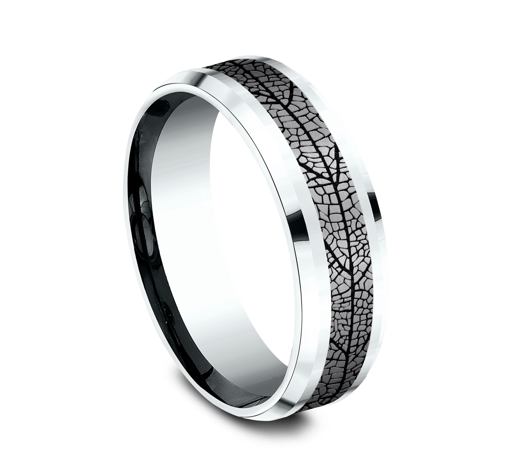 THE BRYCE 7mm, Comfort fit, 14K White Gold and Grey Tantalum, Leaf patterned center, bevel edges