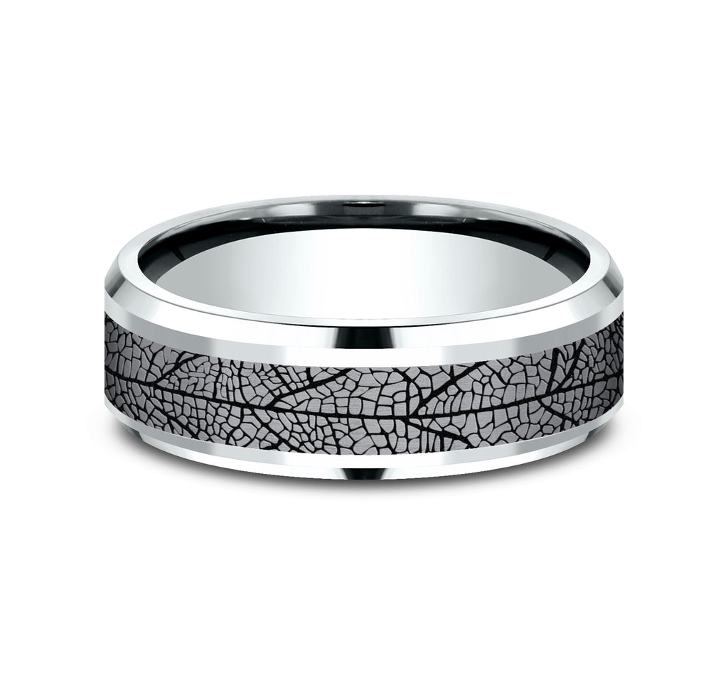 THE BRYCE 7mm, Comfort fit, 14K White Gold and Grey Tantalum, Leaf patterned center, bevel edges