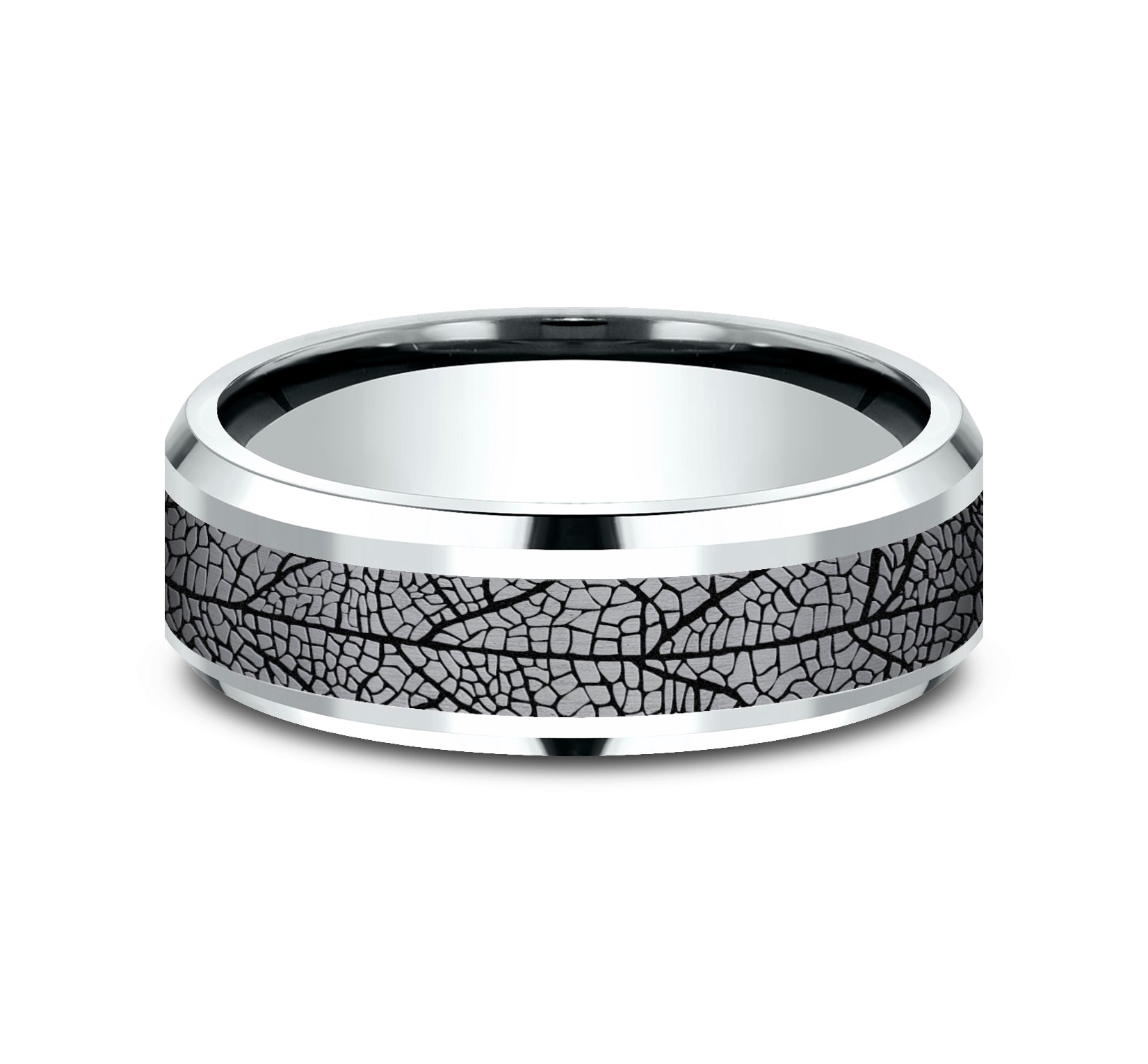 THE BRYCE 7mm, Comfort fit, 14K White Gold and Grey Tantalum, Leaf patterned center, bevel edges