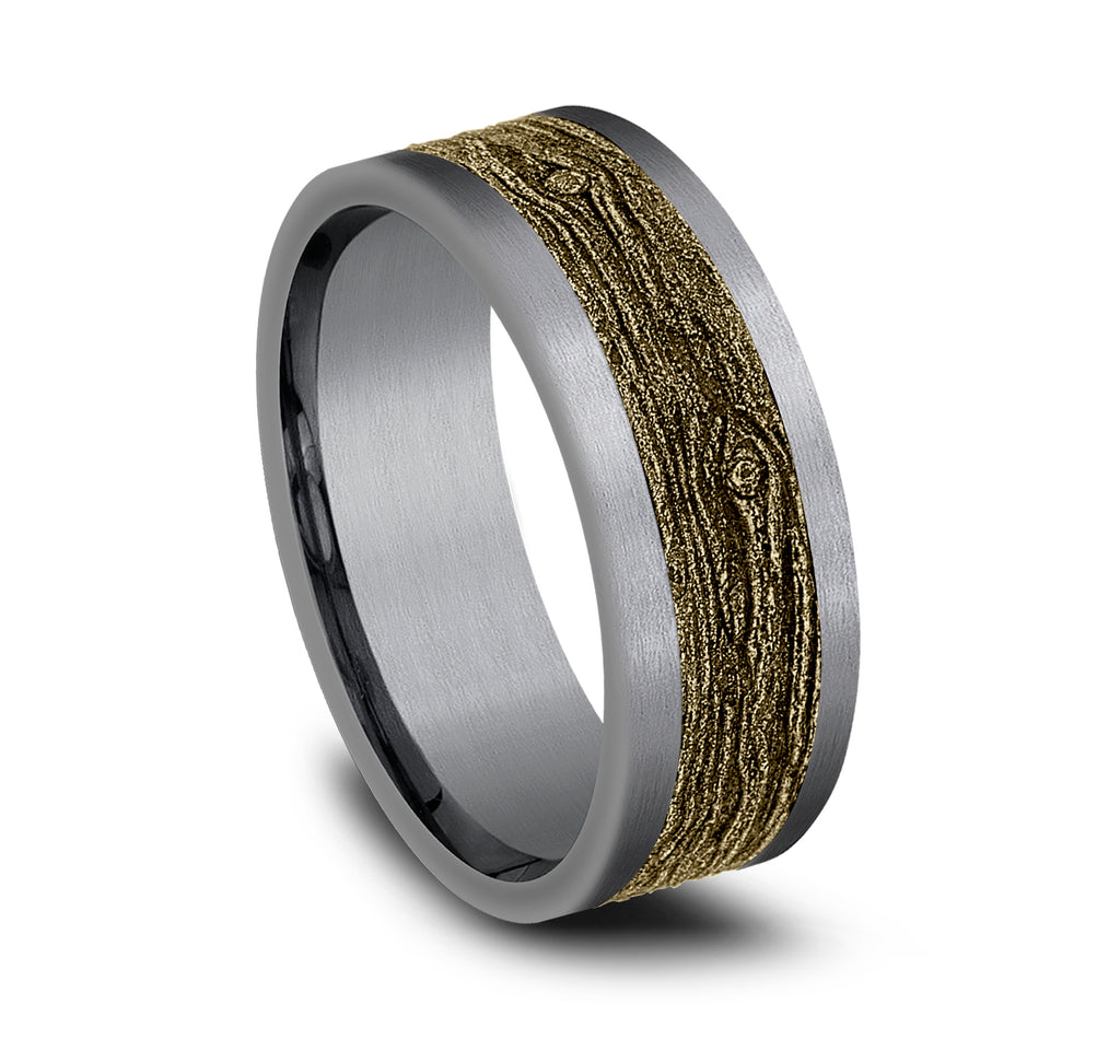 THE ELM 8mm, Comfort fit, Grey Tantalum and 14K Yellow Gold, Wood motif center, straight edges