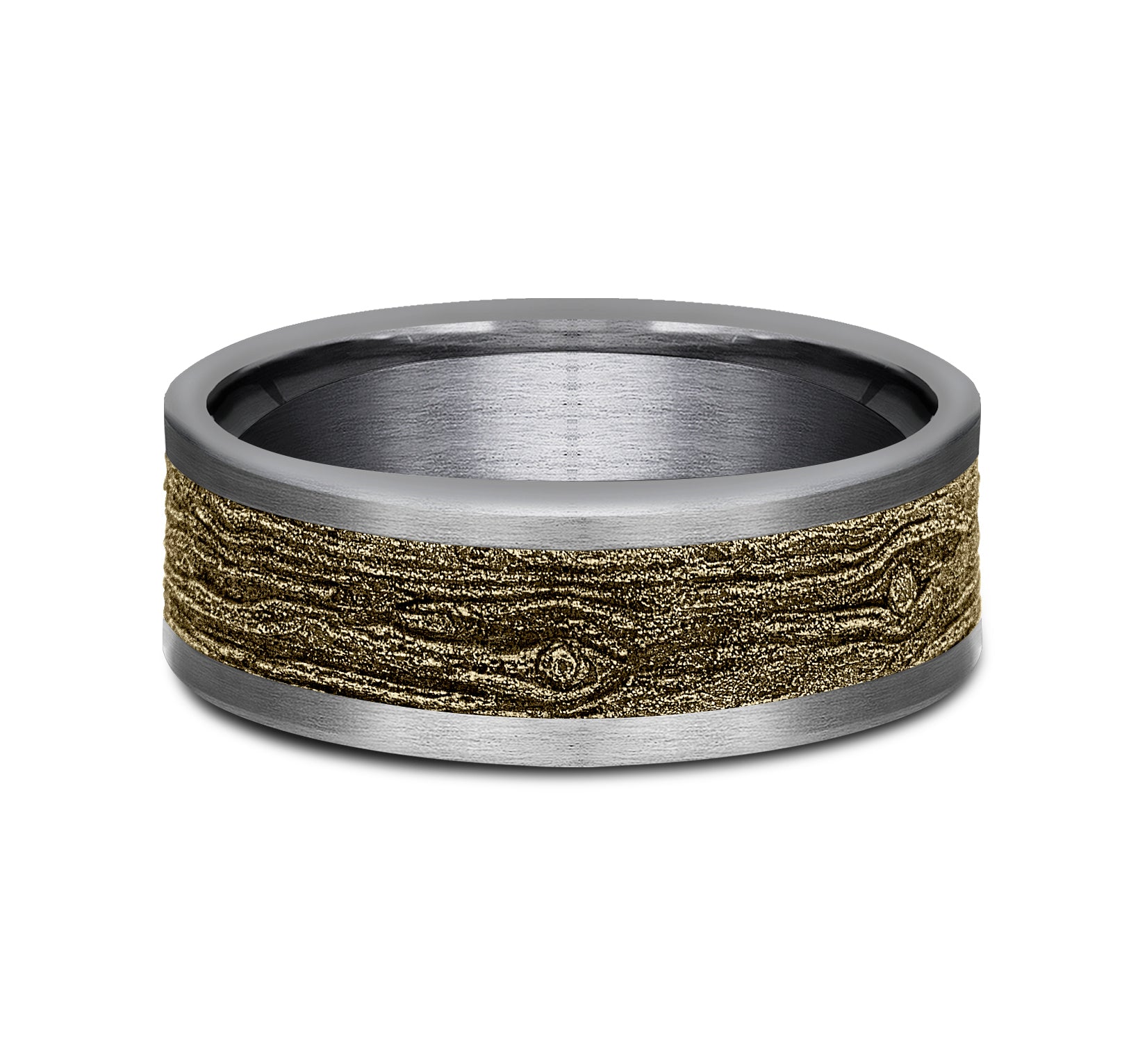 THE ELM 8mm, Comfort fit, Grey Tantalum and 14K Yellow Gold, Wood motif center, straight edges