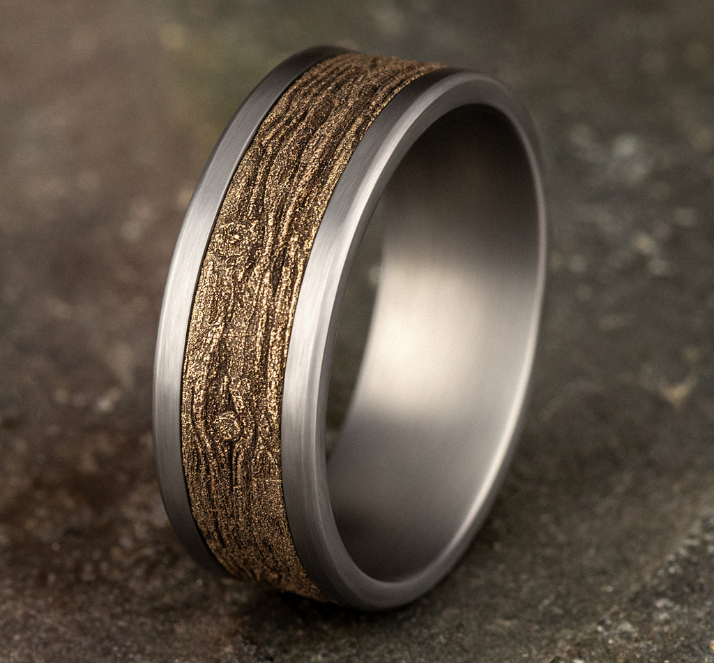 THE ELM 8mm, Comfort fit, Grey Tantalum and 14K Yellow Gold, Wood motif center, straight edges